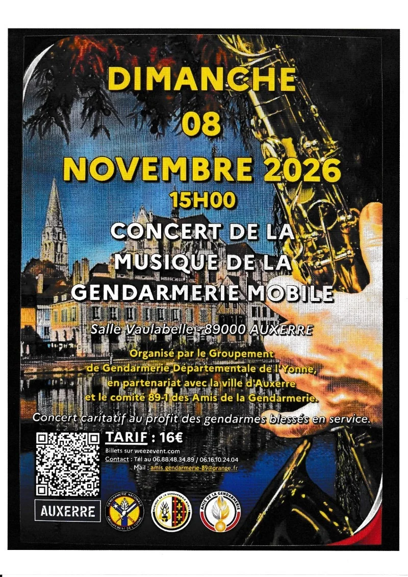 Concert de l'orchestre d'harmonie de la Musique de la Gendarmerie Mobile – Auxerre (Salle Vaulabelle) (affiche de l’événement)