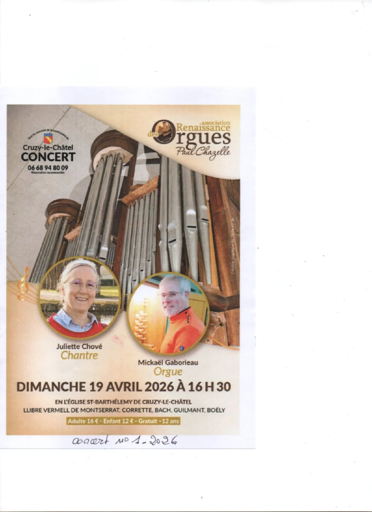 Concert orgue et chant – Cruzy le Châtel (Eglise Saint-Barthélemy) (affiche de l’événement)