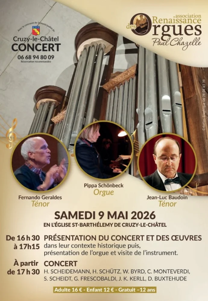 Concert orgue et chants / Pippa Schönbeck Orgue / Fernando Grealdes Ténor / Jean Luc Baudoin Ténor – Cruzy le châtel (Eglise saint Barthélemy.) (affiche de l’événement)