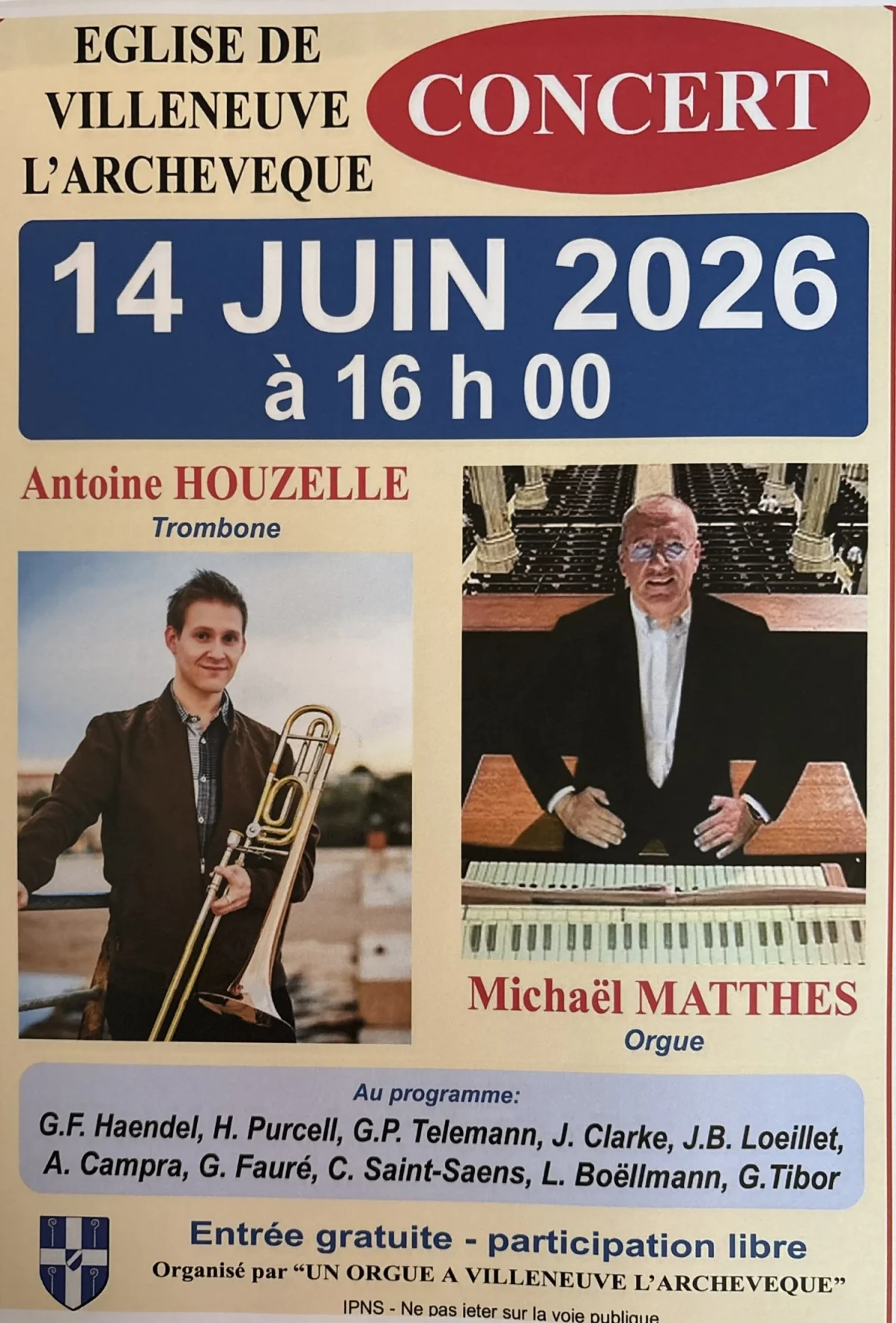 Concert orgue et trombone / Michael Matthes, orgue / Antoine Houzelle, trombone – Villeneuve-l’Archevêque (Église Notre Dame) (affiche de l’événement)