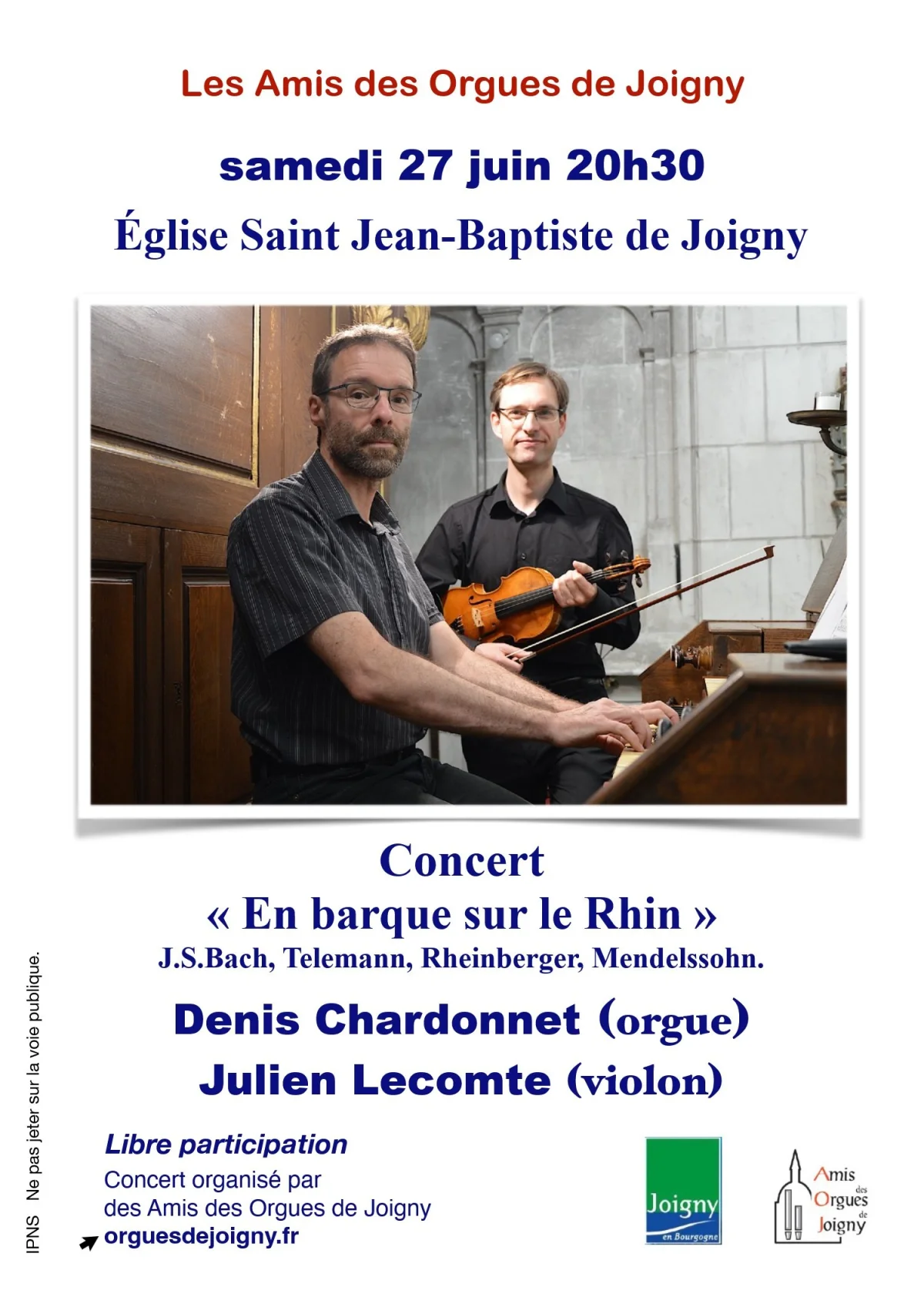Annulé // Concert Orgue et Violon "En barque sur le Rhin" (J.S.Bach, Telemann, Rheinberger, Mendelssohn) avec Denis Chardonnet (orgue) et Julien Lecomte (violon) – Joigny (Église Saint Jean-Baptiste) (affiche de l’événement)