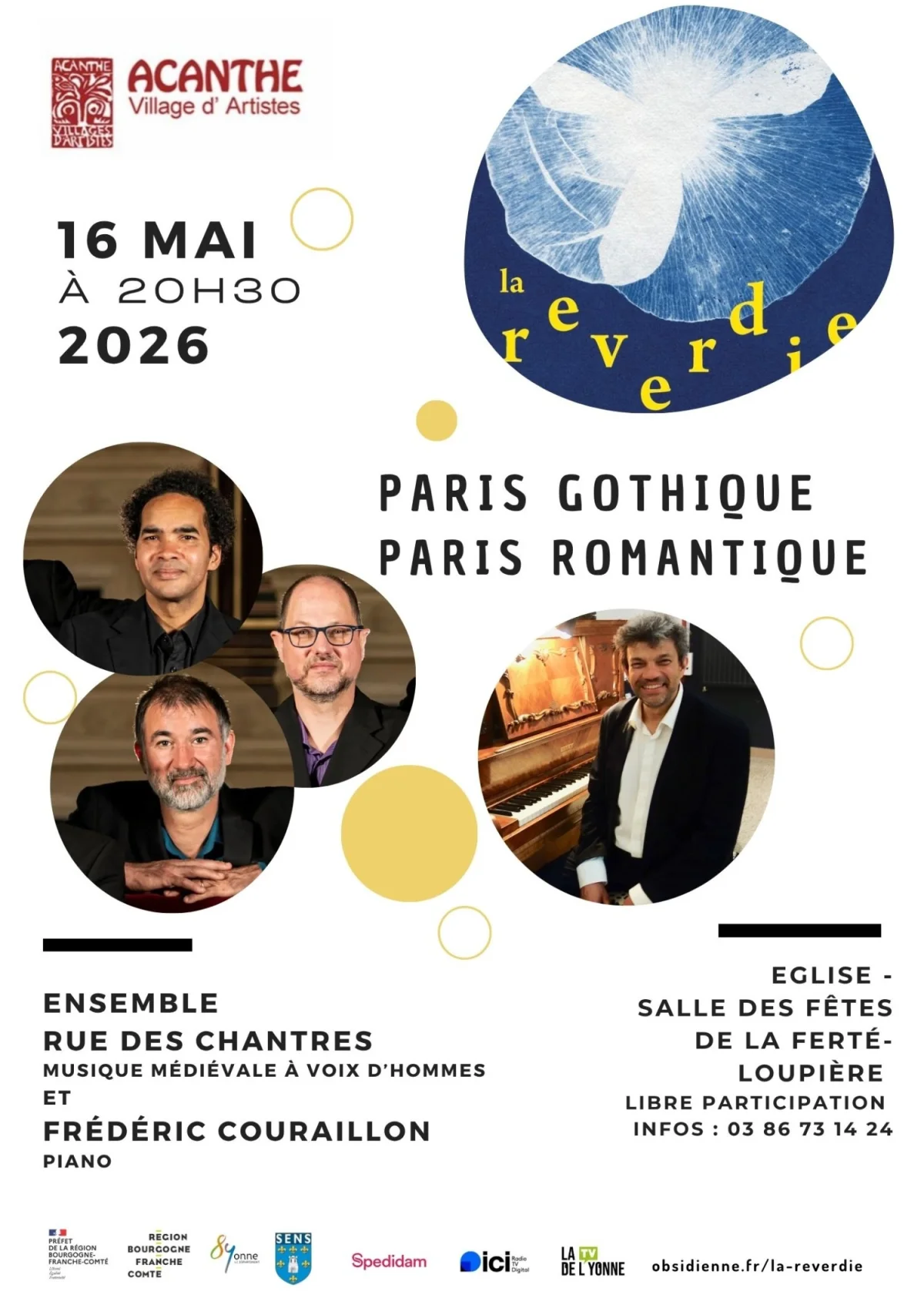 Concert : "Paris gothique, Paris romantique" par l'Ensemble rue des Chantres (musique médiévale à voix d'hommes) et Frédéric Couraillon (piano) dans le cadre du festival La Reverdie – La Ferté Loupière  (Eglise Saint-Germain puis salle des fêtes) (affiche de l’événement)