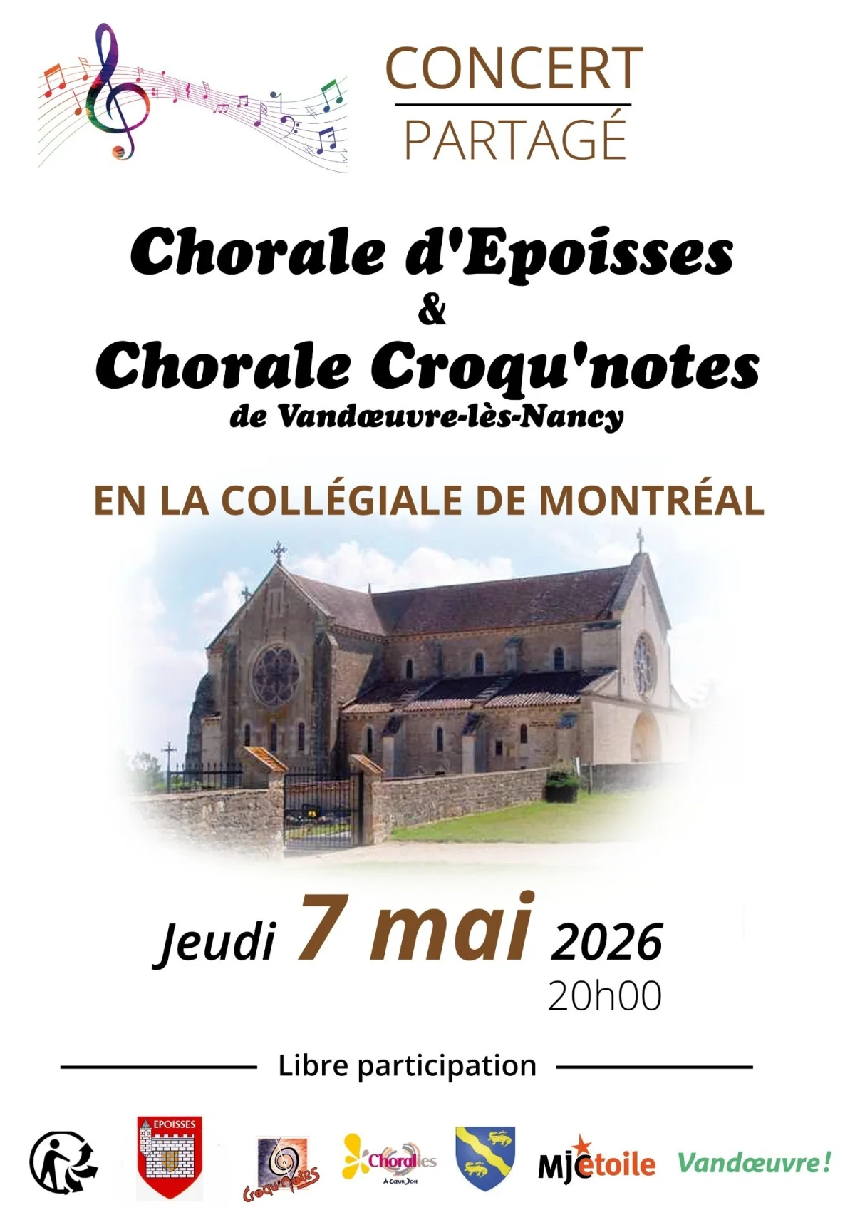 Concert partagé des chorales d'Epoisses (21) et Vandoeuvre lès Nancy (54) – Montréal (Collégiale Notre Dame) (affiche de l’événement)