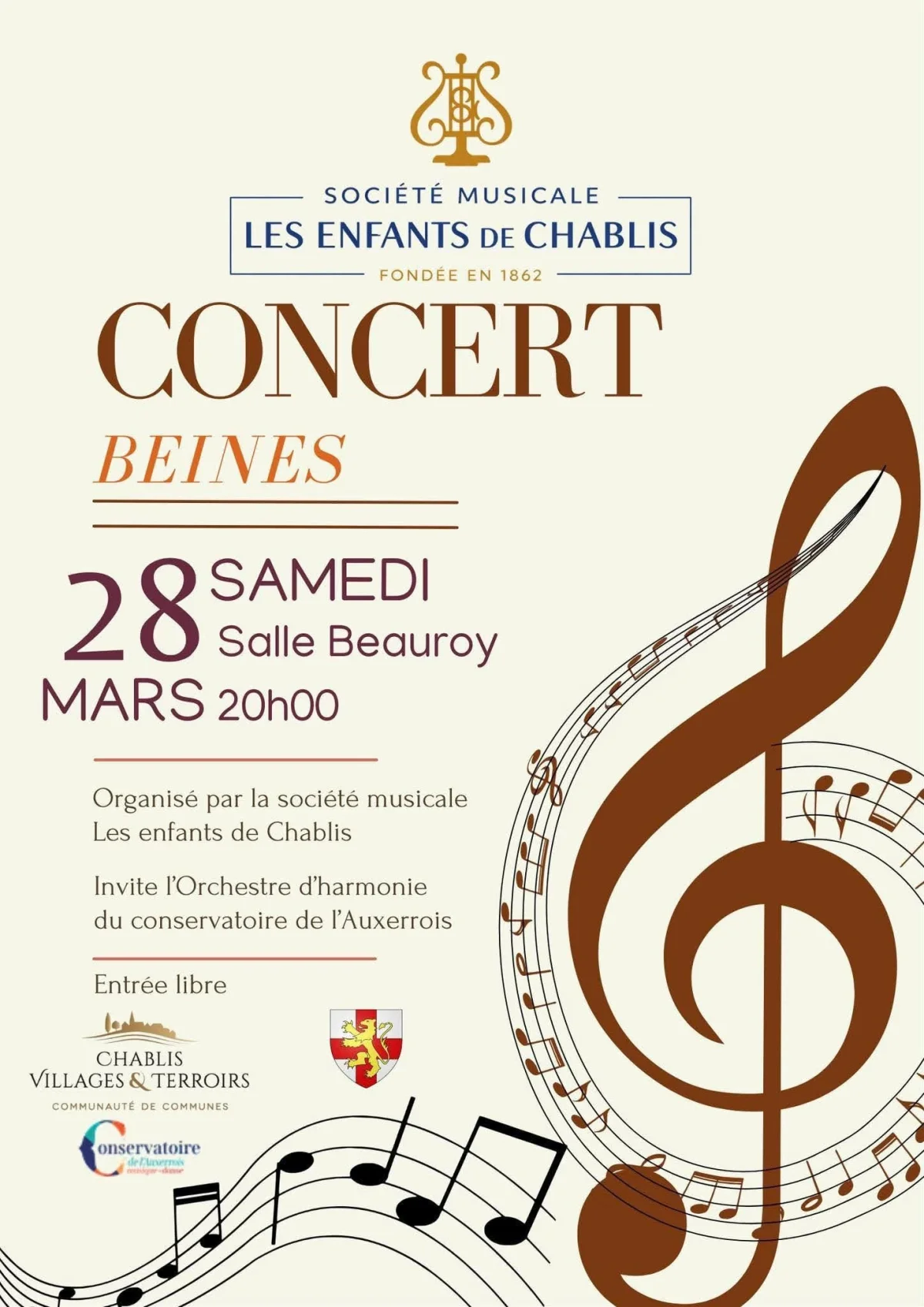 Concert : Harmonie de Chablis dirigée par Patrick Caro / Pièces de Antonio Rossi et Thierry Deleruyelle – Beines (Salle Beauroy) (affiche de l’événement)