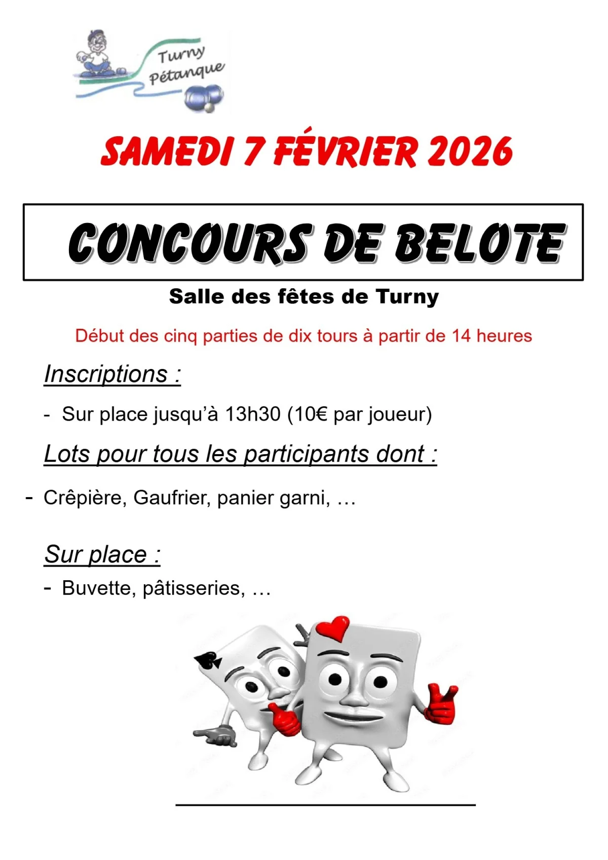 Concours de belote par équipe / 5 parties de 10 tours /Lots pour tous les participant – Turny (salle de fêtes) (affiche de l’événement)
