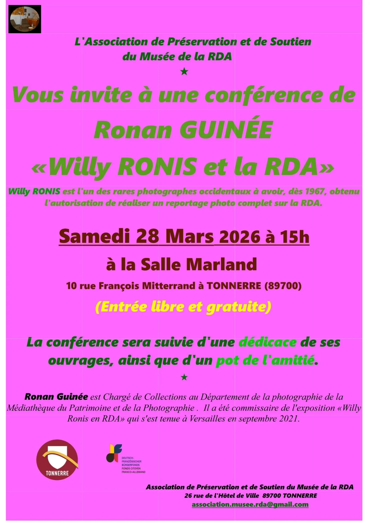 Conférence de Ronan Guinée, Chargé de collections au Département de la photographie de la Médiathèque du Patrimoine,sur "Willy Ronis et la RDA", agrémentée de nombreuses photos issues du fonds Willy Ronis, reporter photo en RDA dès 1967 – Tonnerre (Salle Marland) (affiche de l’événement)