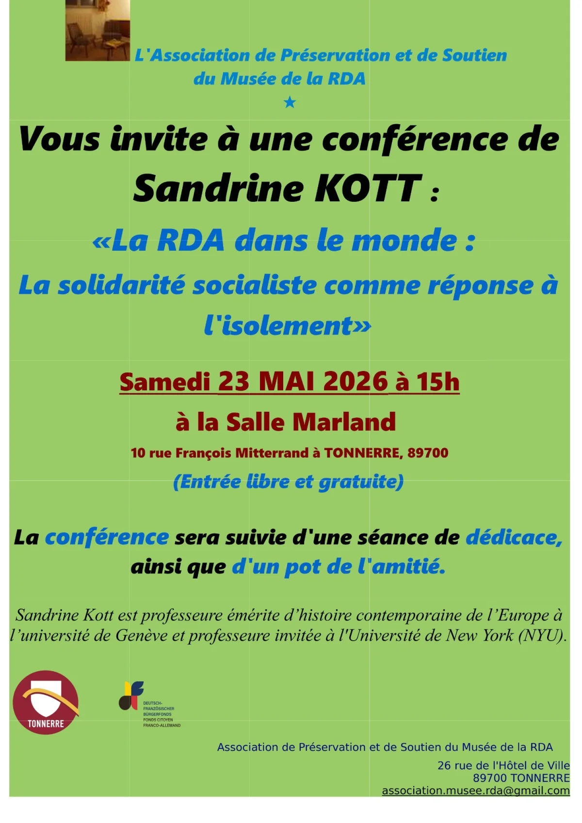 Conférence de Sandrine Kott sur le thème suivant : "La RDA dans le monde - la solidarité socialiste comme réponse à l'isolement". – Tonnerre (Salle Marland) (affiche de l’événement)