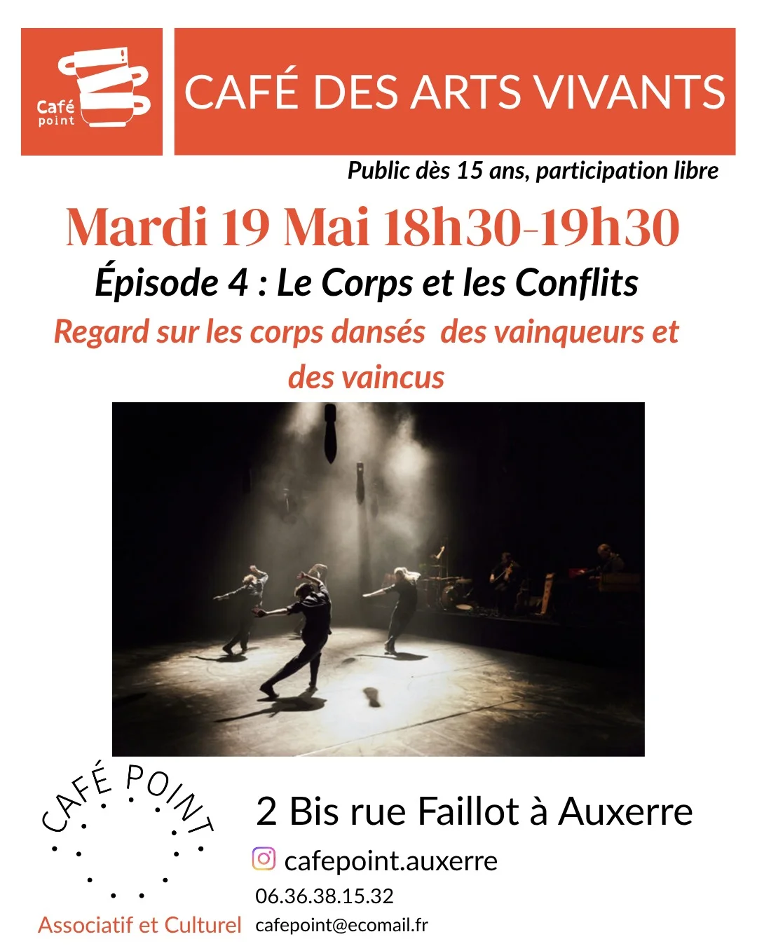 Conférence Documentée: histoire de la danse / Le corps et les conflits. Le corps dansés chez les vaincus et les vainqueurs / Présentation Olivier Lefebvre (numéridanse). – Auxerre (Café Point) (affiche de l’événement)