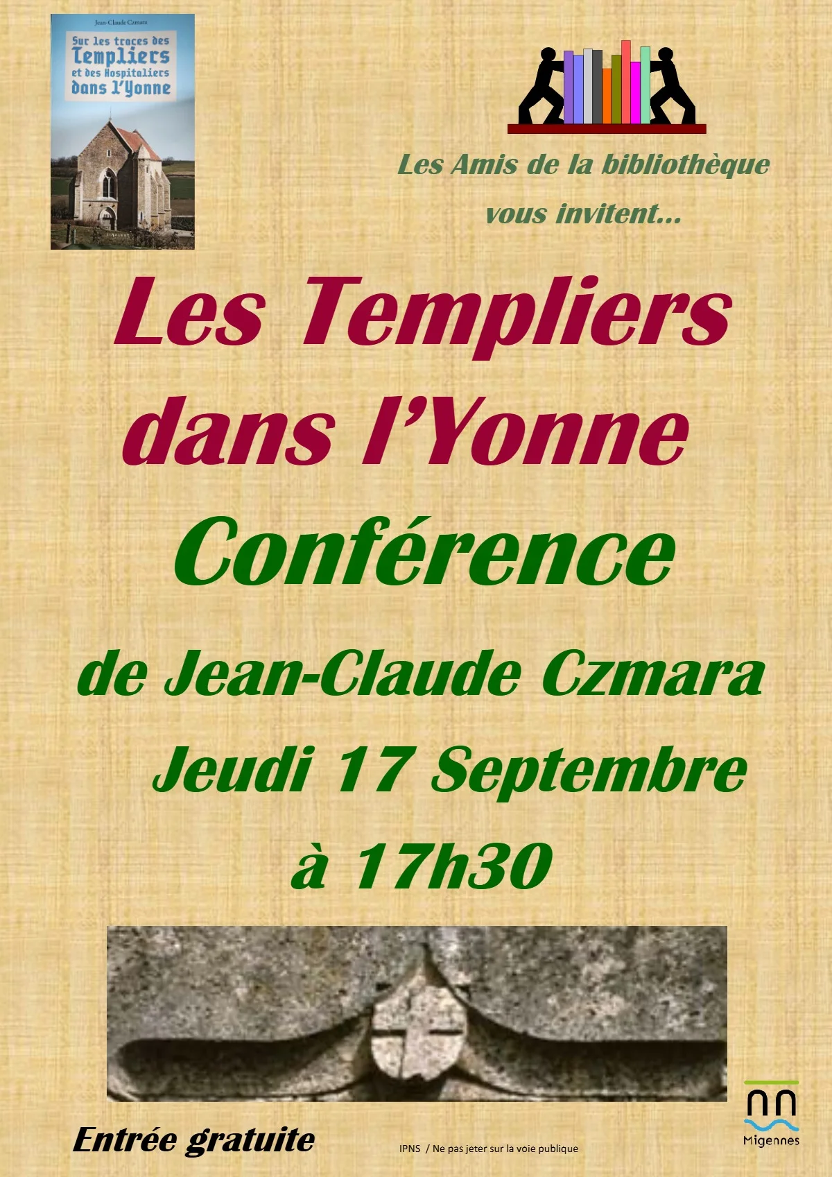 Conférence "Les Templiers en Champagne-Bourgogne" par Jean-Claude Czmara – Migennes (Médiathèque Louis-Aragon (Bibliothèque de Migennes)) (affiche de l’événement)
