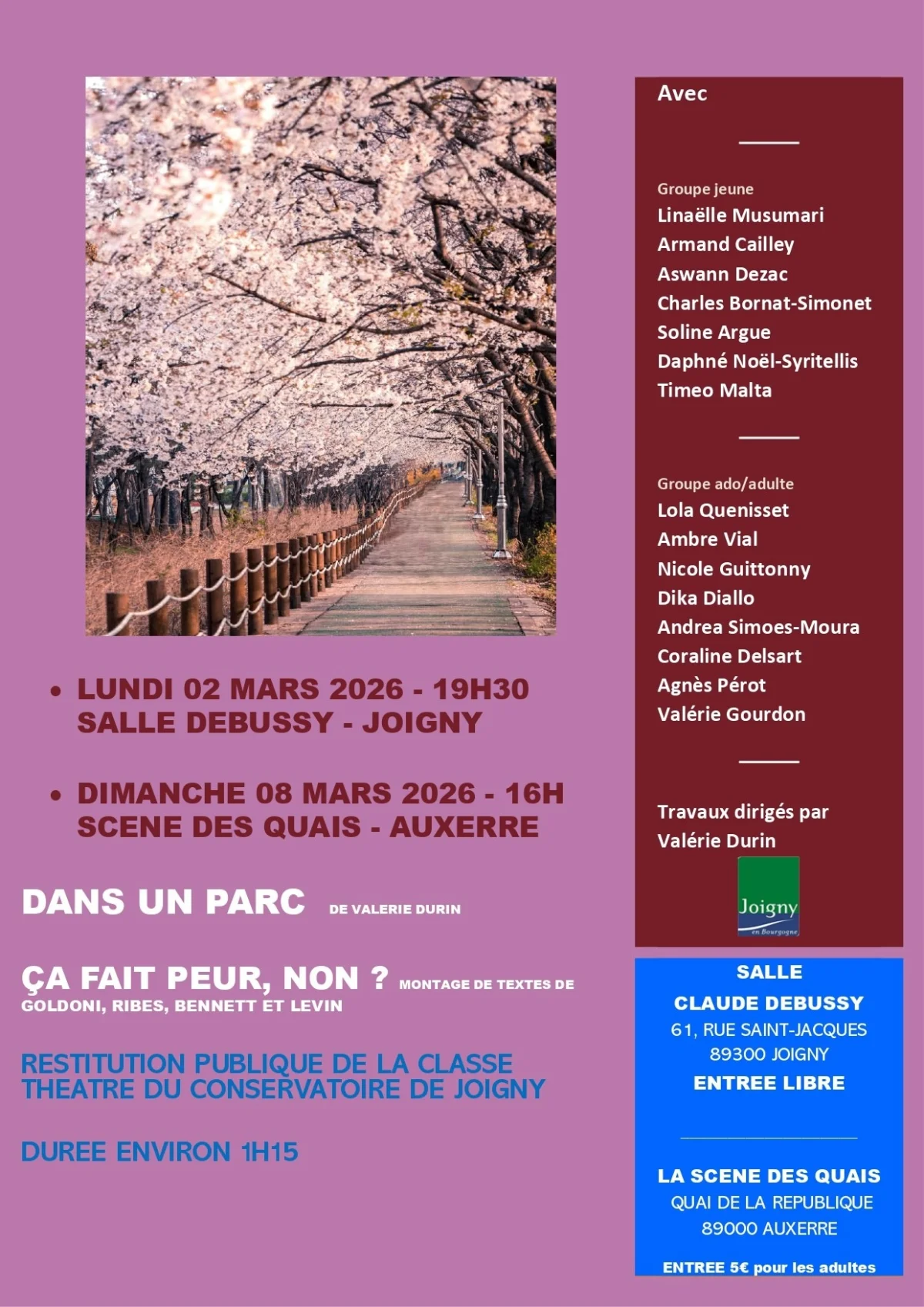 Dans un parc / Ça fait peur non ? restitution d’atelier théâtre - double spectacle – Auxerre (théâtre La scène des quais) (affiche de l’événement)