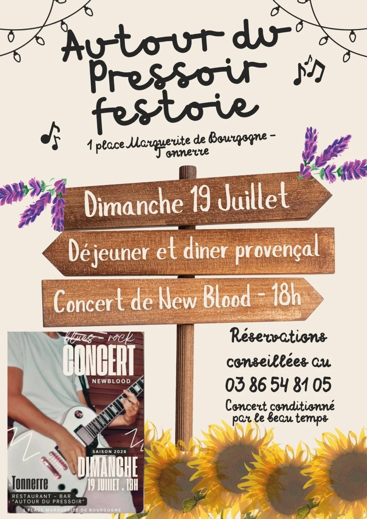 Déjeuner et diner provençal au chant des cigales et du groupe New Blood (reprises blues, pop, rock) – Tonnerre (Restaurant Bar Epicerie Autour du pressoir) (affiche de l’événement)