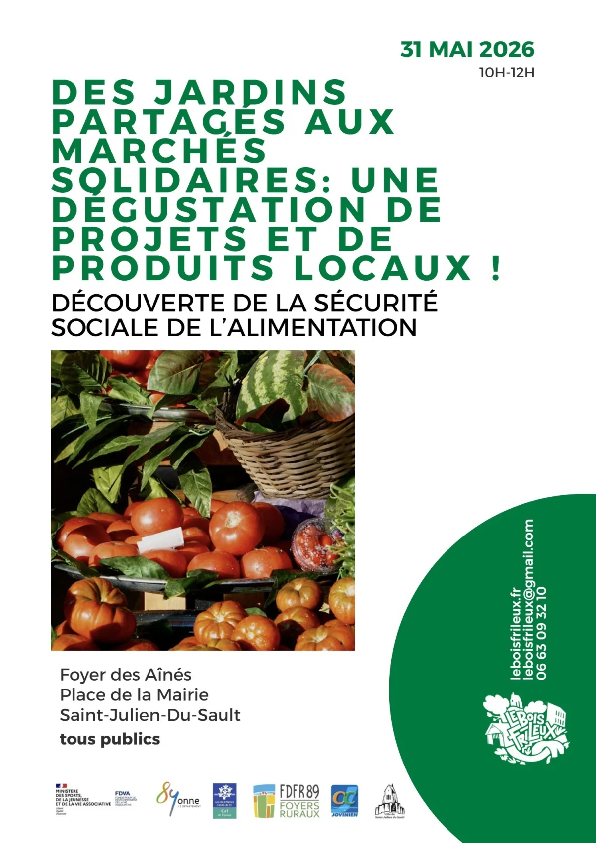 Des jardins partagés aux marchés solidaires : une dégustation de projets et de produits locaux. – Saint-Julien-du-Sault (Foyer des aînés, place de la mairie) (affiche de l’événement)