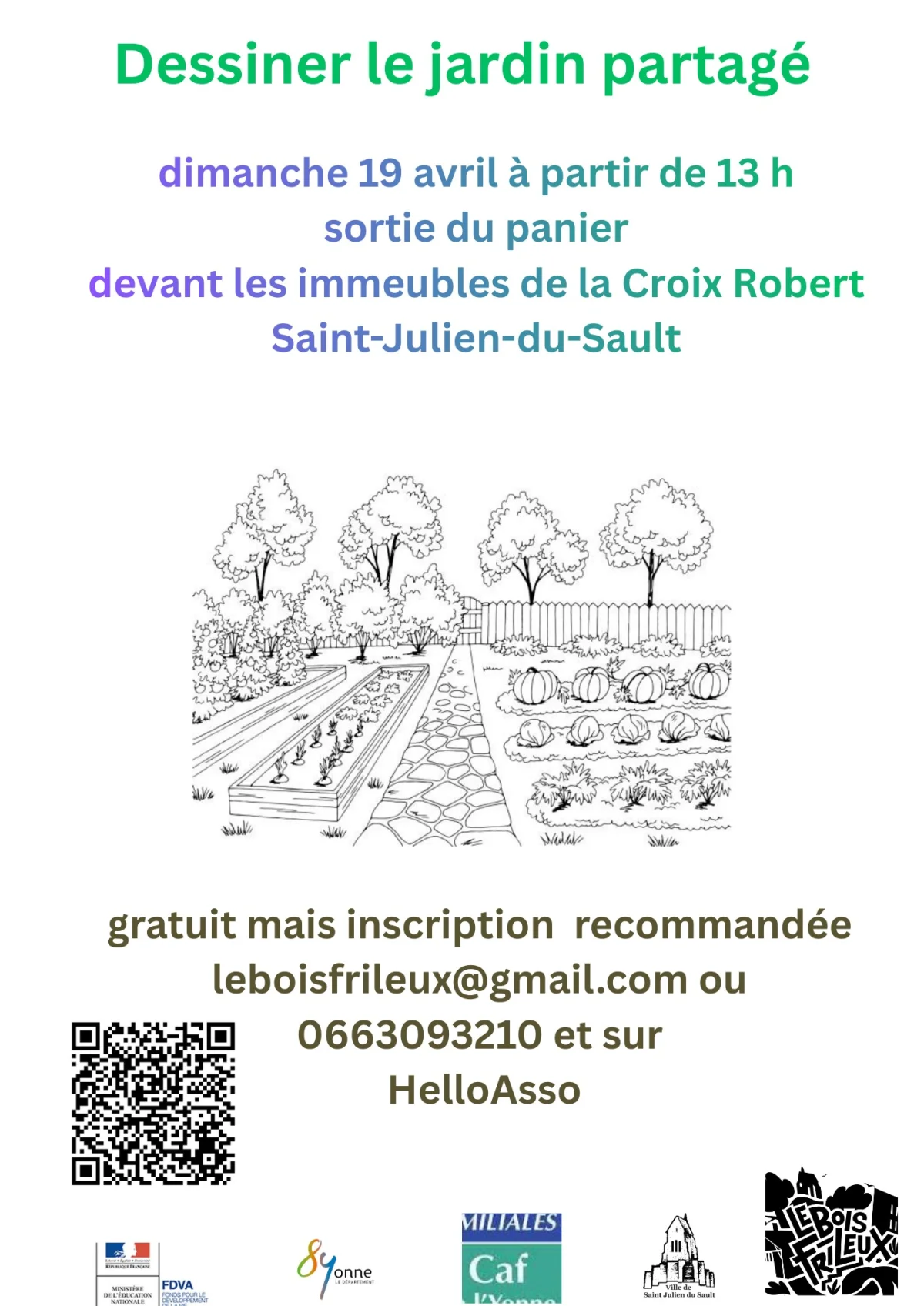 Conception et organisation d'un jardin partagé à la Croix Robert autour d'un pique-nique devant les immeubles / Chacun apporte un plat – Saint-Julien-du-Sault (4 et 6 rue de la Croix Robert) (affiche de l’événement)