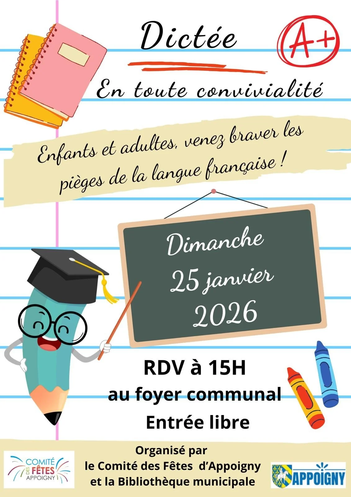 Dictée conviviale – Appoigny (Foyer communal d'Appoigny) (affiche de l’événement)