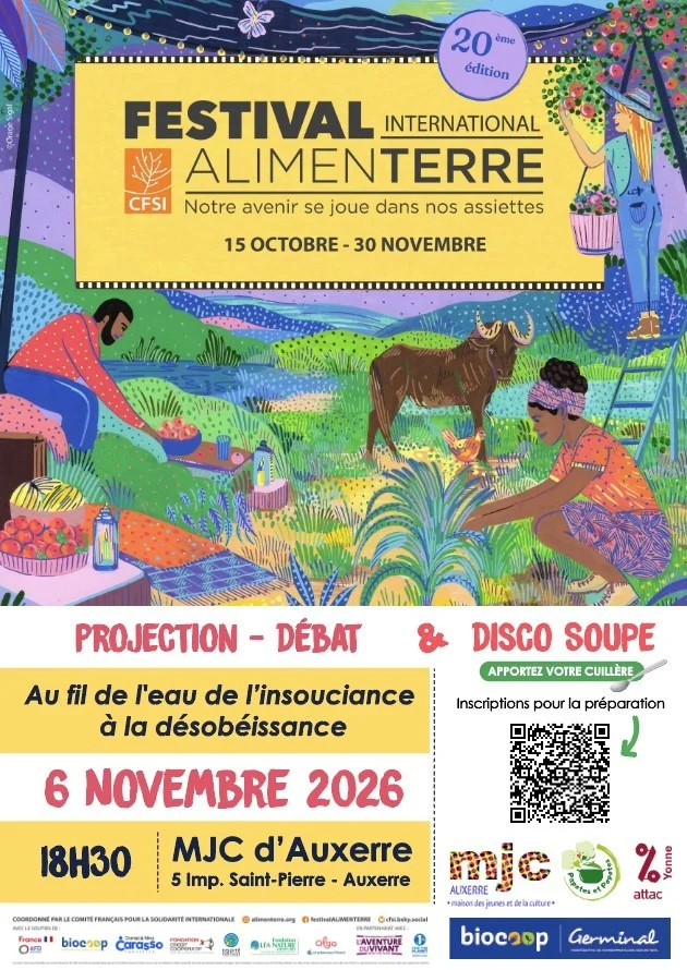 Disco-soupe et projection de documentaire "Au fil de l'eau" – Auxerre (MJC Saint Pierre) (affiche de l’événement)