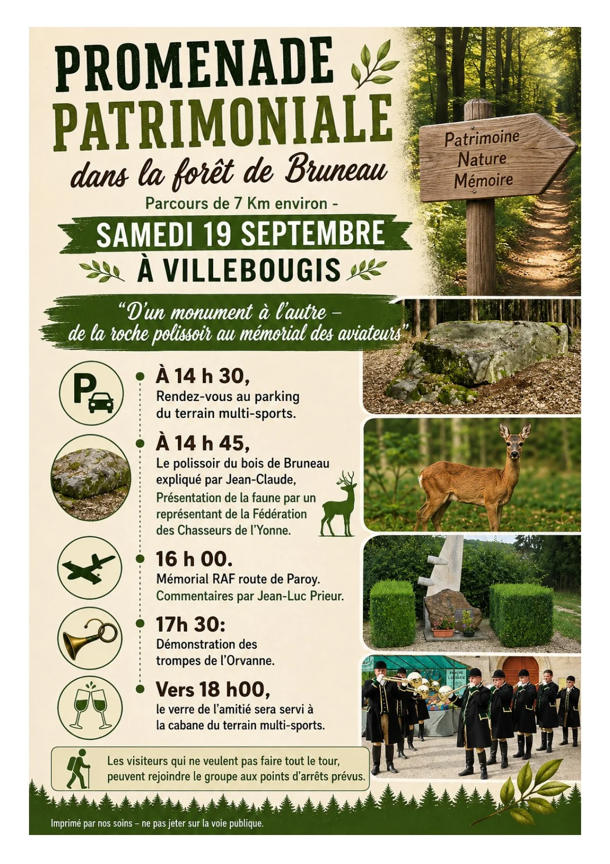 Du polissoir au mémorial des aviateurs / Promenade patrimoniale en forêt de Bruneau – Villebougis (Stade de Villebougis — départ et arrivée / forêt de Bruneau) (affiche de l’événement)