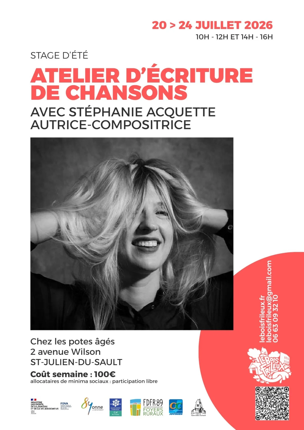 Ecriture et interprétation de chansons avec Stéphanie Acquette – Saint-Julien-du-Sault (Tiers Lieu de l'EHPAD) (affiche de l’événement)