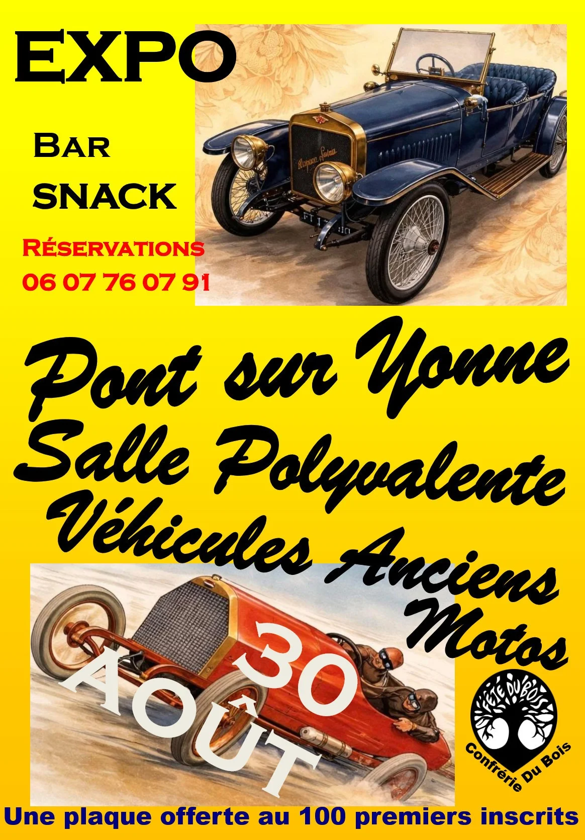 Expo de véhicules anciens, exposition des pionniers de l'automobile à Pont sur Yonne de 1902 à 1916, concerts : de la variété française au pop rock en passant par le jazz manouche de Django Reinhardt – Pont-sur-Yonne (salle polyvalente) (affiche de l’événement)