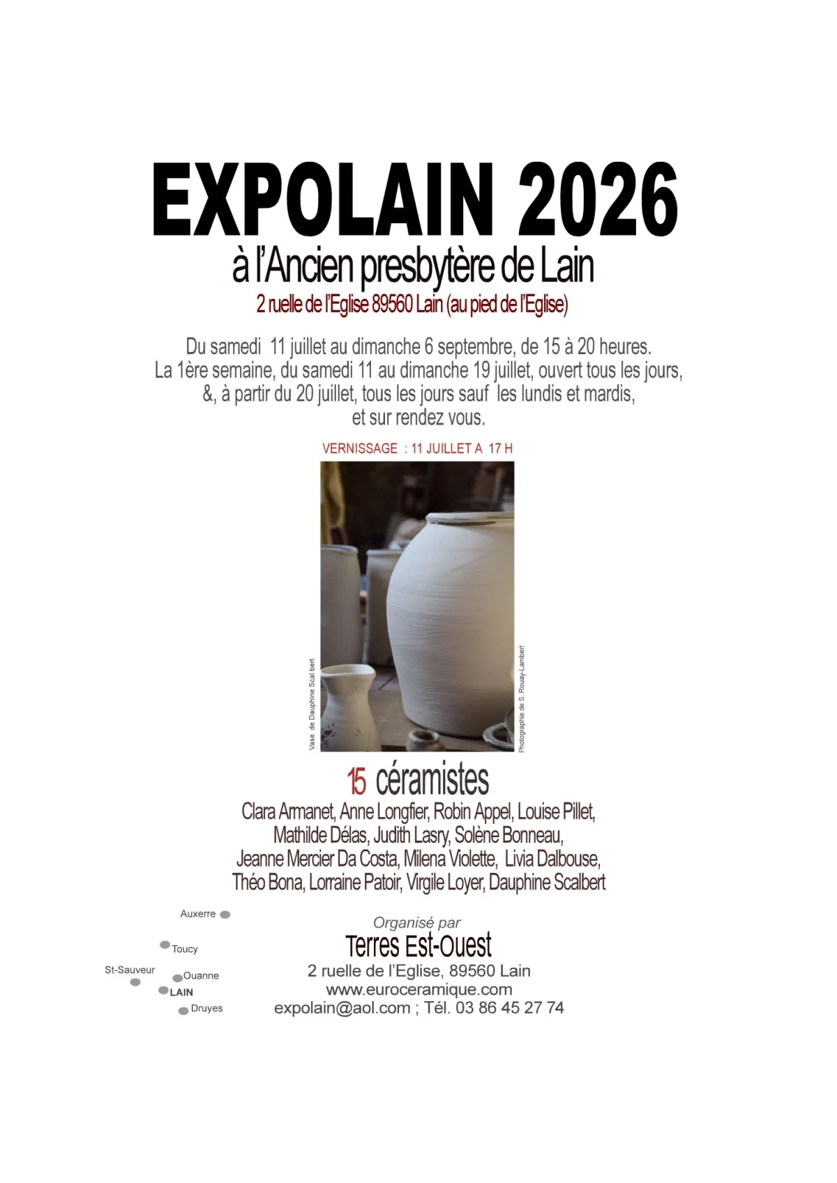 ExpoLain 2026 : 15 jeunes potiers et céramistes de la Puisaye invités par Dauphine Scalbert, la potière de Lain – Lain (Ancien Presbytère de Lain / Au pied de l'Église) (affiche de l’événement)