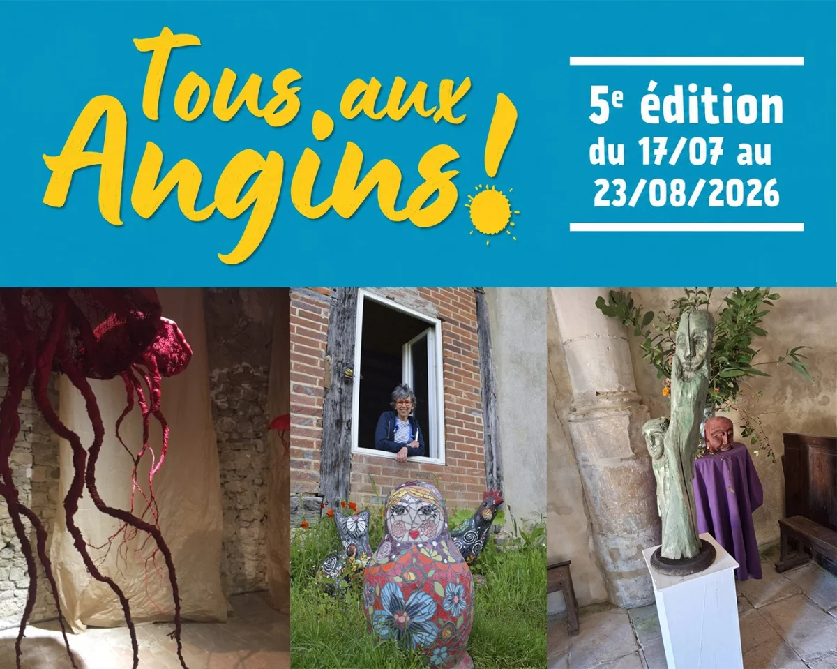 Exposition (tout public) de Tanit (Sculptures - Technique mixte), Nathalie Milocco, (Mosaïques) et Ugo Guttadoro (Sculptures -Technique mixte) dans le cadre du festival "Tous aux Angins !" – Tannerre-en-Puisaye (Lieu-dit Les Angins / en extérieur) (affiche de l’événement)
