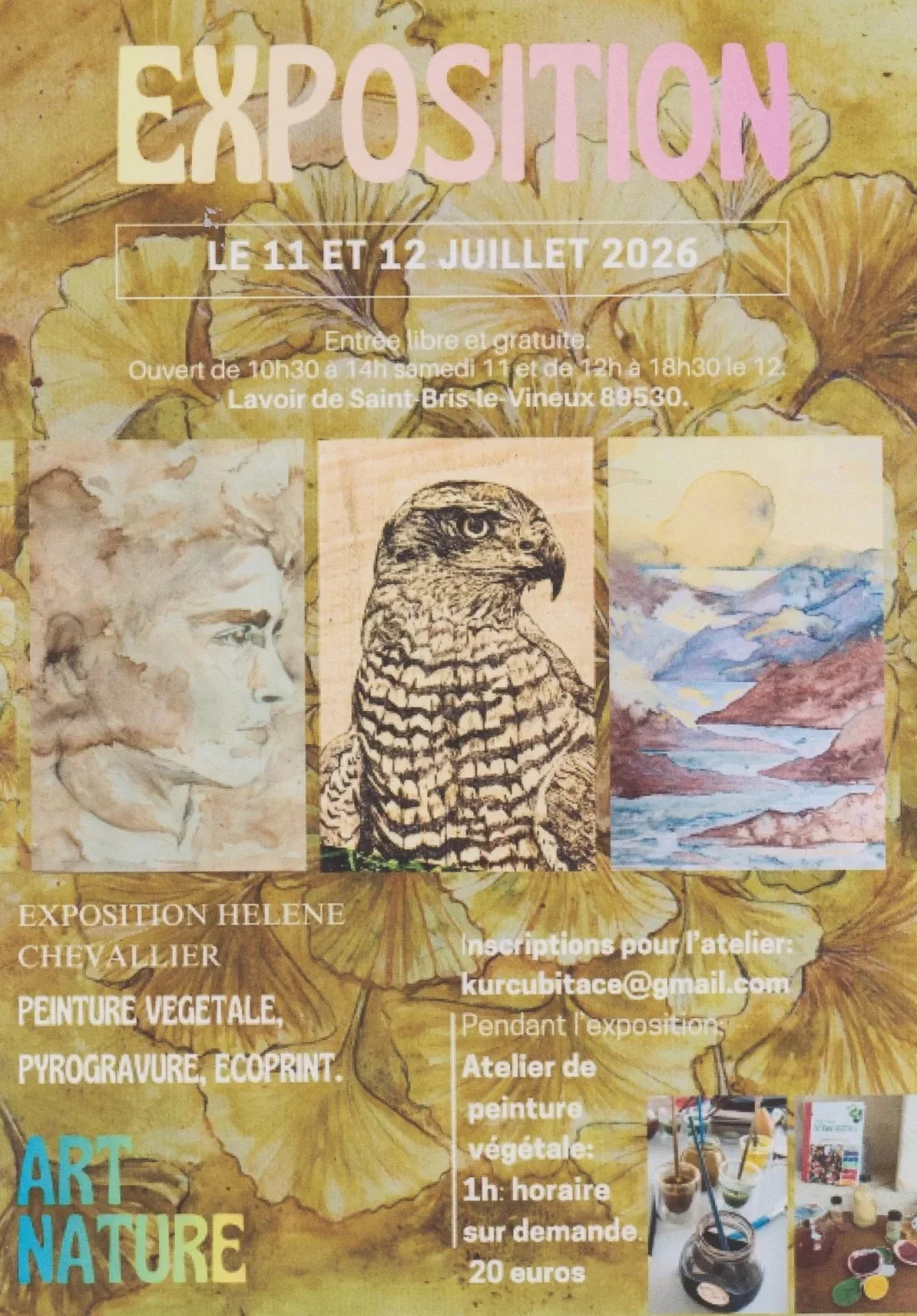 Exposition "Art Nature" :  peinture végétale, pyrogravure, ecoprint et atelier de peinture végétale – Saint Bris le Vineux (Lavoir de Gouaix / D956 / sortie Saint-Bris-le-Vineux en direction de Saint-Cyr) (affiche de l’événement)
