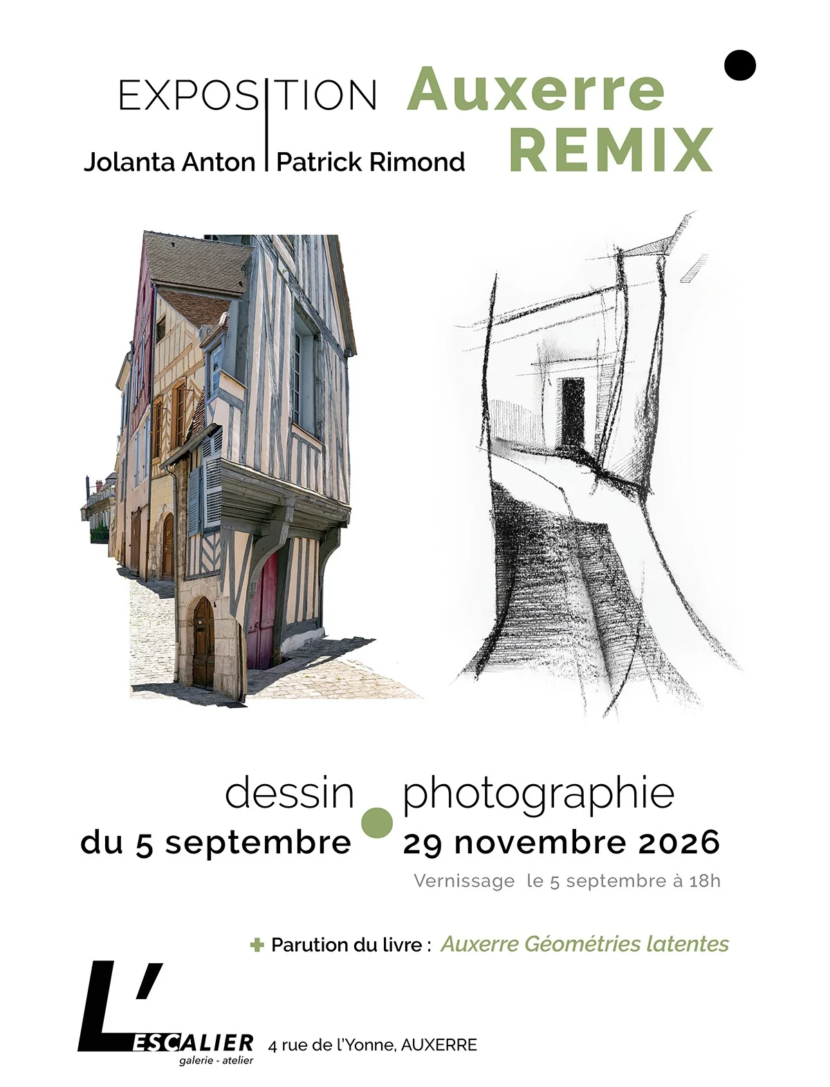 Exposition "Auxerre Remix" (Dessins et photographies de Jolanta Anton et Patrick Rimond) – Auxerre (Galerie L'Escalier) (affiche de l’événement)