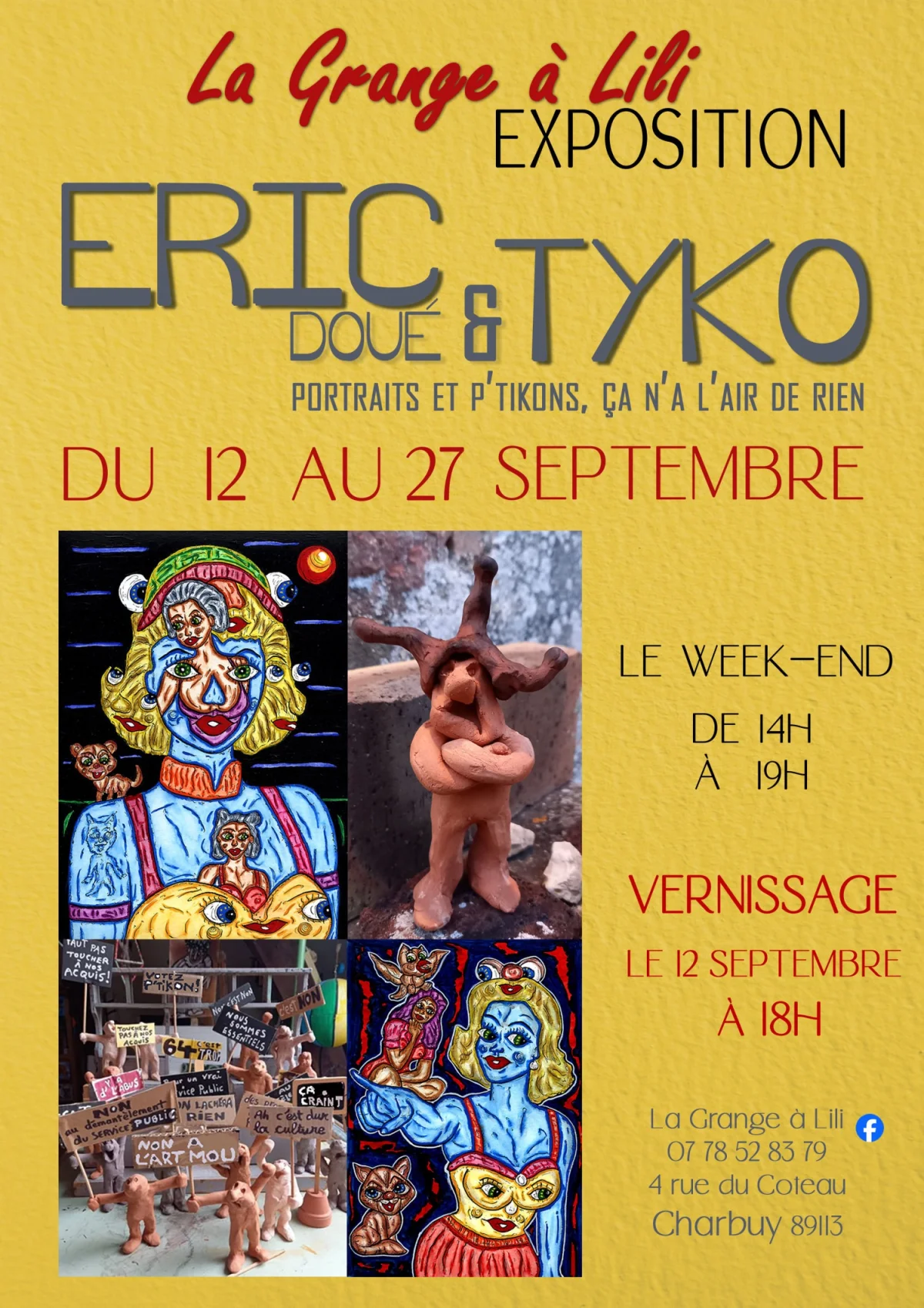 Exposition de peintures et sculptures d'Eric Doué et Tyko : Portraits et P'tikons, ça a l'air de rien ! – Charbuy (La Grange à Lili) (affiche de l’événement)