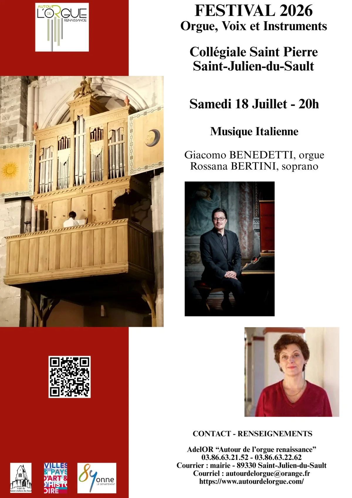 Festival d'orgue 2026 / Musique Italienne – Saint Julien du Sault (Collégiale St Pierre) (affiche de l’événement)