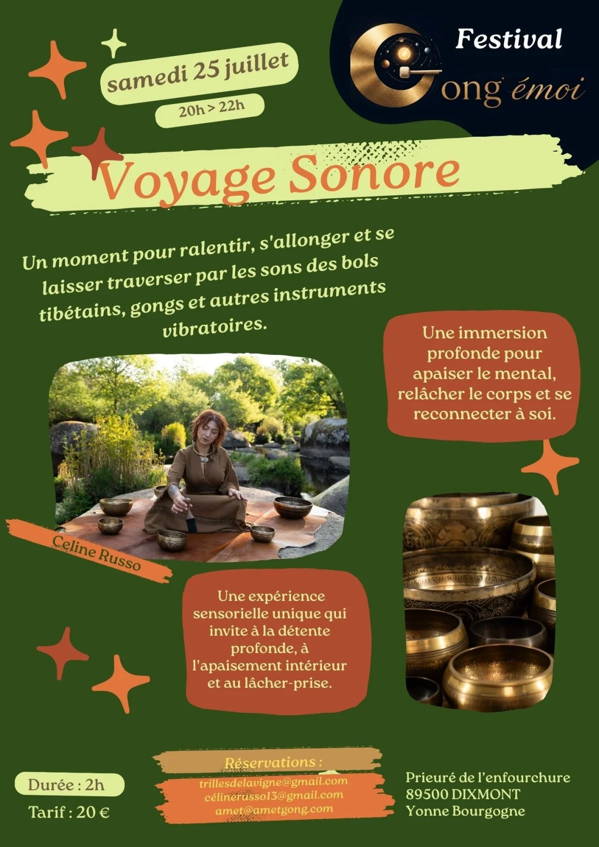 Festival Gong émoi : "Voyage sonore" (bols tibétains et gongs) avec Céline Russo – Dixmont (Prieuré de l'enfourchure) (affiche de l’événement)