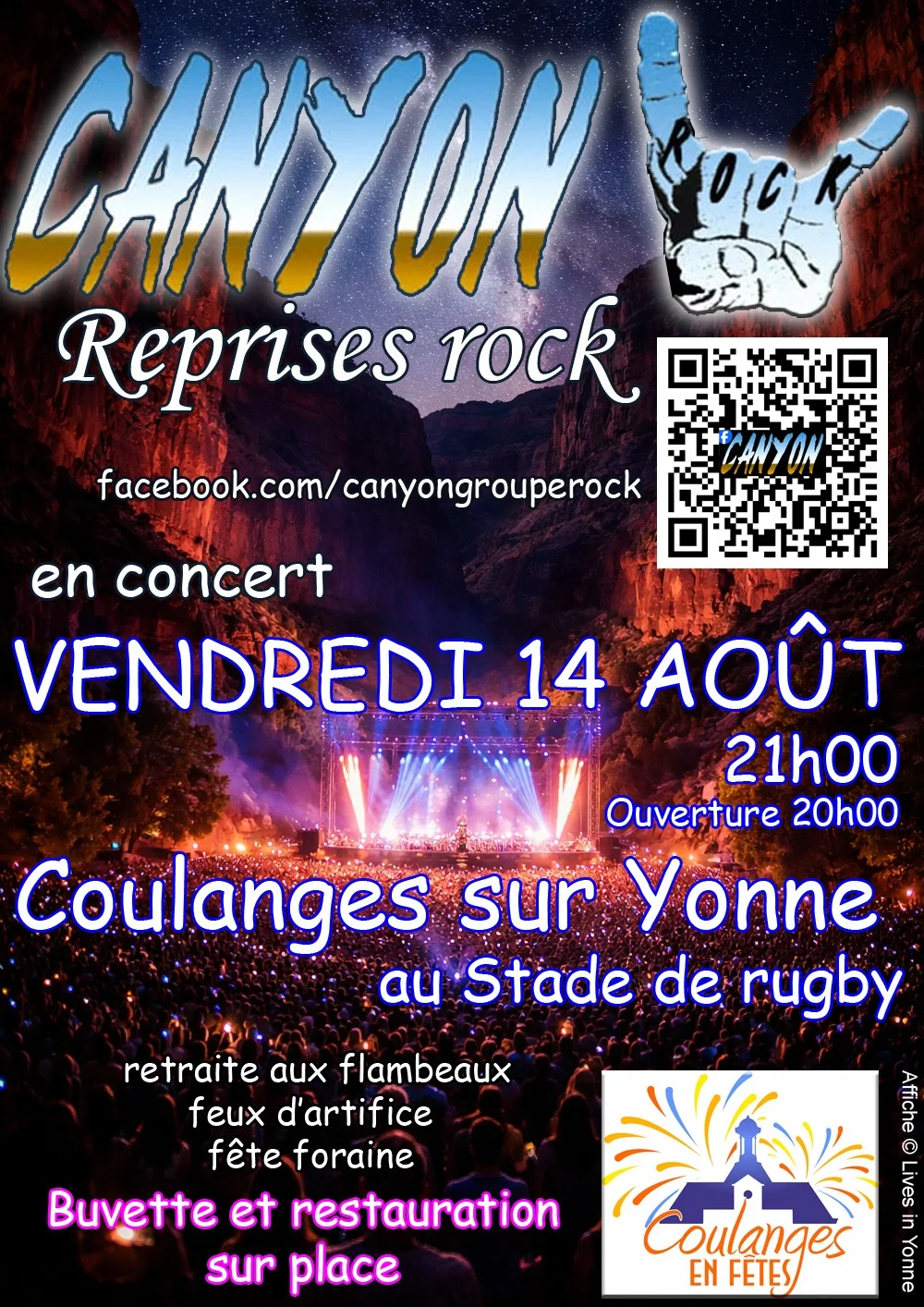 Fête du 15 Aout concert animé par Canyon – Coulanges sur Yonne (terrain de rugby) (affiche de l’événement)