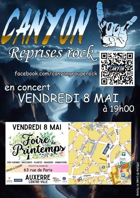 Foire de Printemps clôturée par un concert rock animé par Canyon. – Auxerre (Rue de Paris / Concert au 63 rue de Paris) (affiche de l’événement)