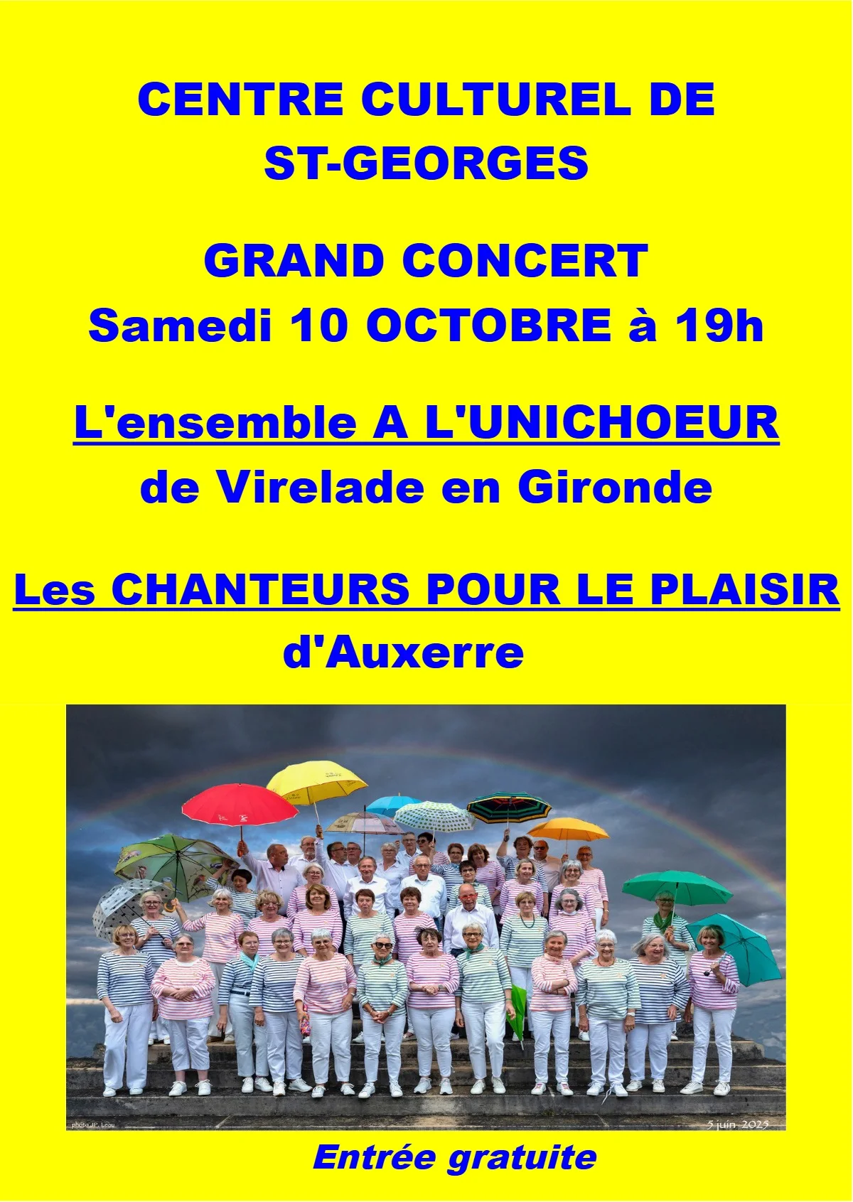 Grand concert avec L'Ensemble A L’Unichoeur (de Virelade en Gironde) et Les Chanteurs pour le plaisir (Auxerre) – Saint-Georges-sur-Baulche (Centre culturel) (affiche de l’événement)