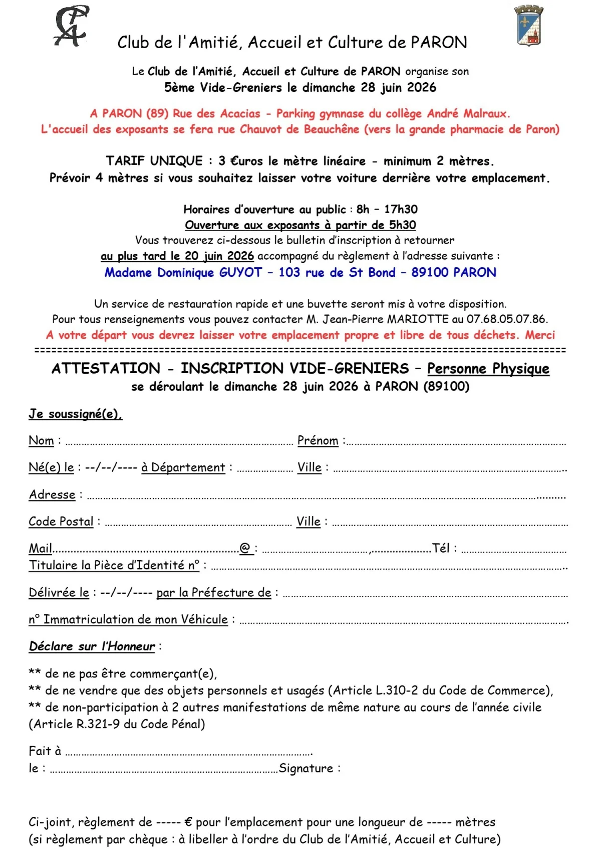 Grand vide greniers extérieur – Paron (Rue des acacias - parking du gymnase du collège - rue Edmé Pierre Chauvot de Beauchêne) (affiche de l’événement)