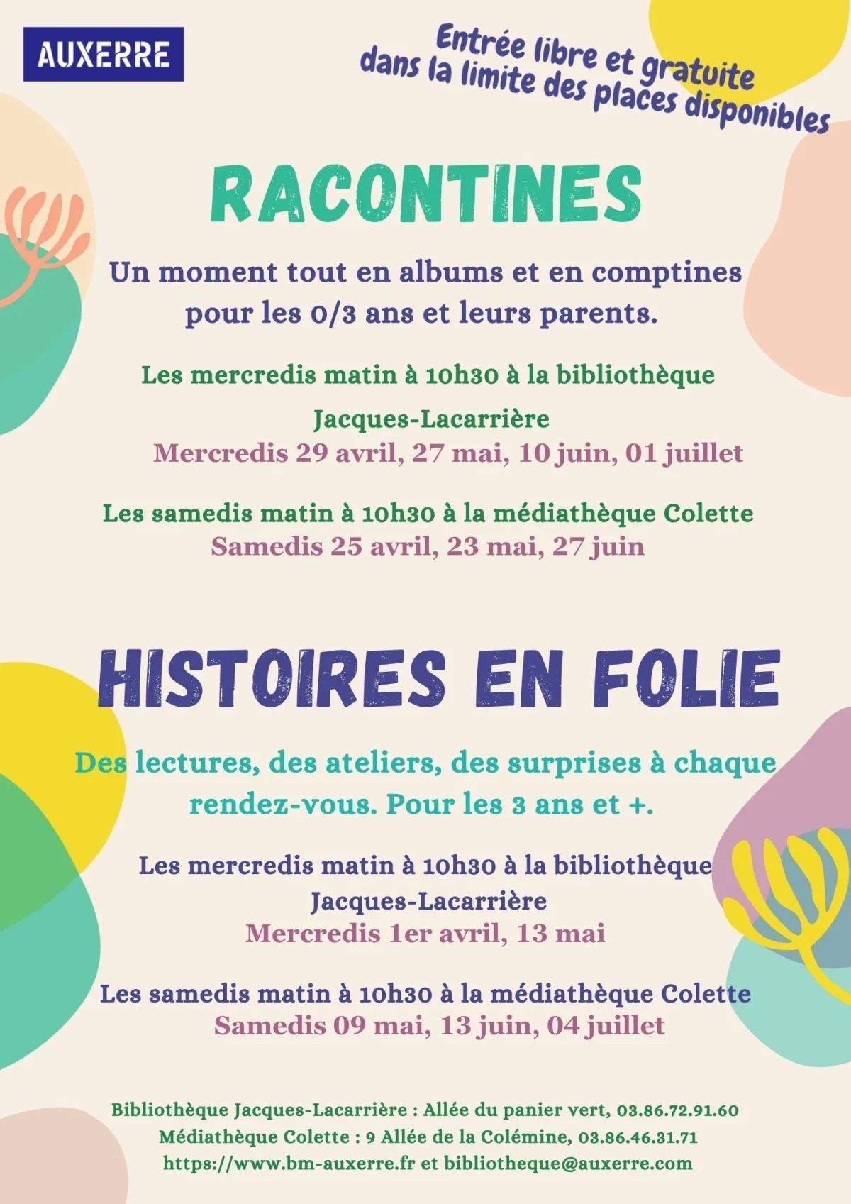Histoires en folie – Auxerre (Médiathèque Colette) (affiche de l’événement)