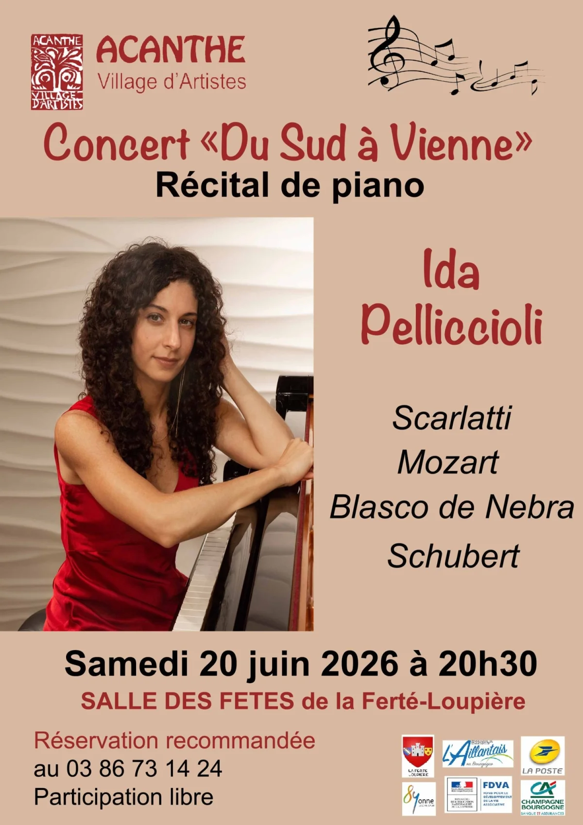 Concert  "Du Sud à Vienne" avec Ida Pelliccioli (récital de piano / Oeuvres de Scarlatti, Mozart, Blasco de Nebra, Schubert) – La Ferté-Loupière (salle des fêtes / face à l'église / entrée sur la gauche) (affiche de l’événement)