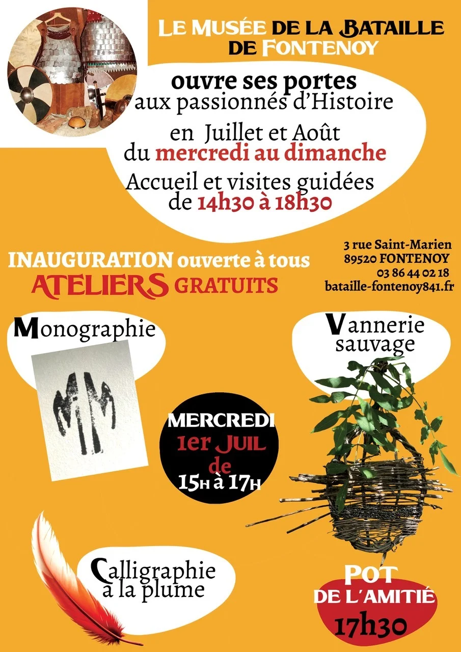 Inauguration du musée de la Bataille de Fontenoy : Ateliers gratuits, monographie, vannerie sauvage, calligraphie à la plume et pot de l'amitié – Fontenoy (Musée de la Bataille) (affiche de l’événement)
