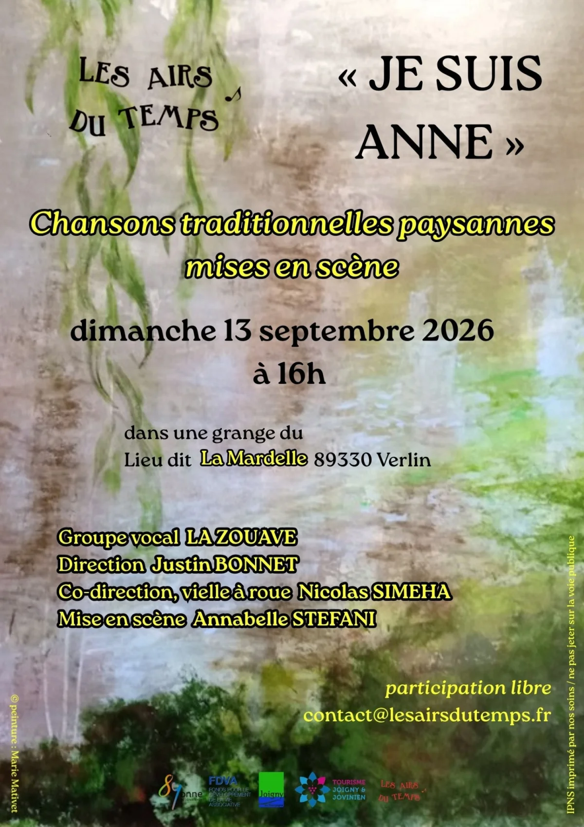 Je suis Anne (Chansons traditionnelles paysannes mises en scène) – Verlin (Lieu dit La Mardelle) (affiche de l’événement)