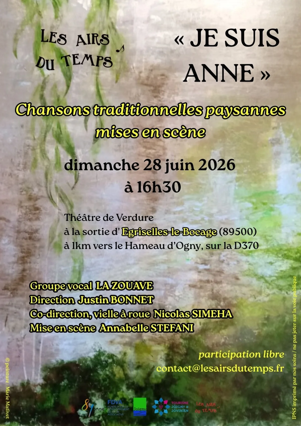 Je suis Anne / chansons traditionnelles paysannes mises en scène – Egriselles-le-Bocage (Théâtre de verdure) (affiche de l’événement)
