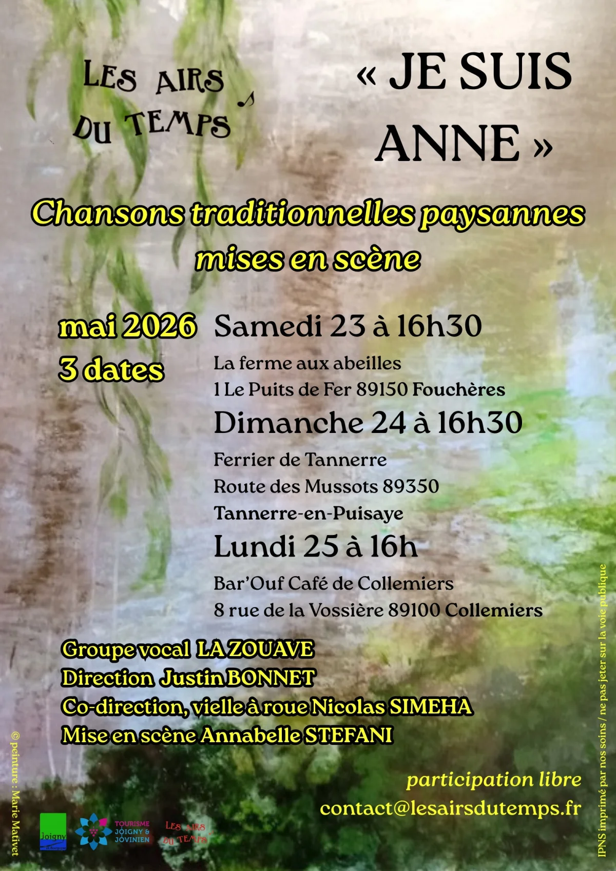"Je suis Anne" (chansons traditionnelles paysannes mises en scènes) avec Les Airs du Temps – Tannerre-en-Puisaye (Ferrier de Tannerre route des Mussots) (affiche de l’événement)