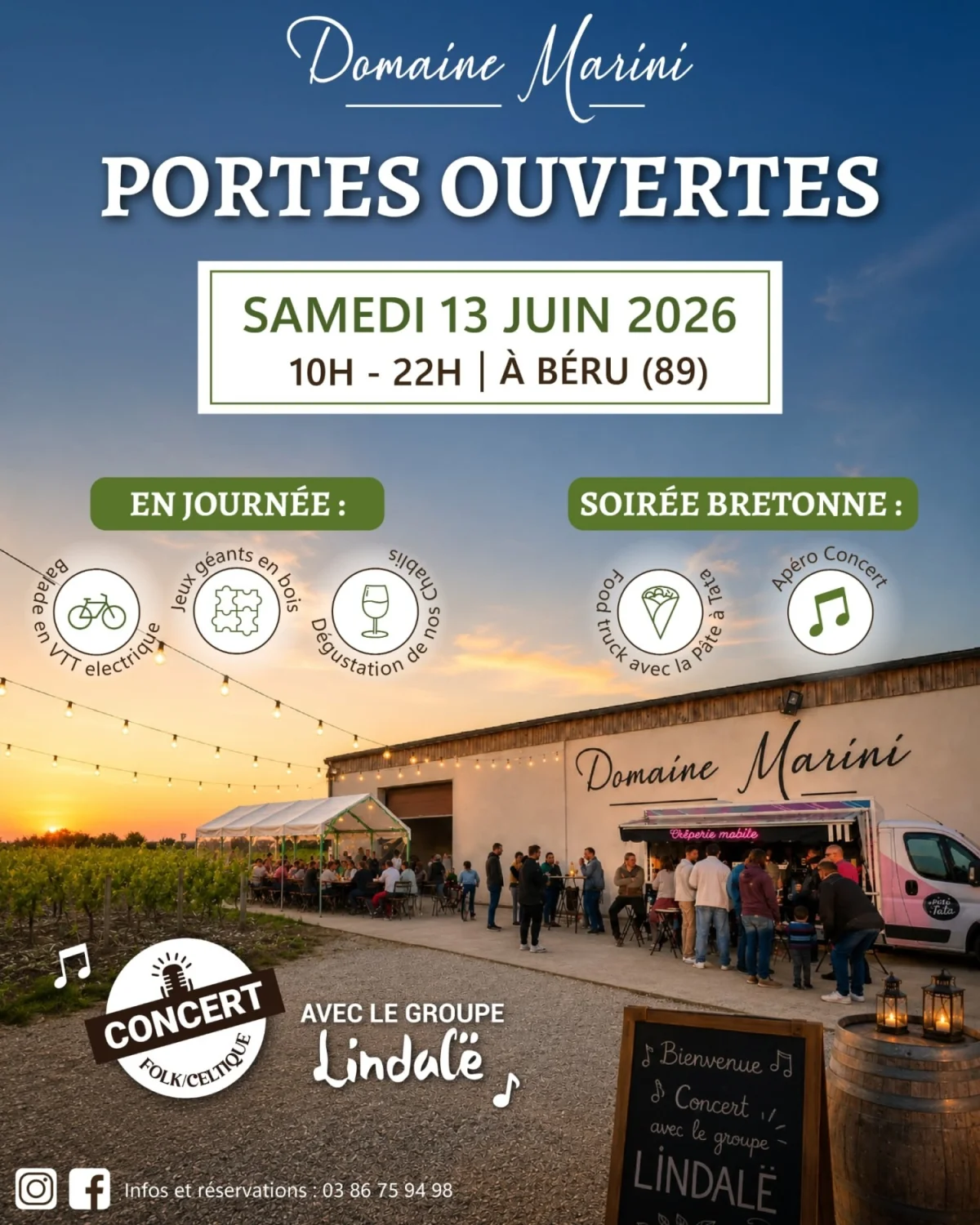 Journée Portes ouvertes : balade en VTT électrique, jeux géants en bois, dégustation de Chablis + Soirée bretonne et apéro-concert folk-celtique avec le groupe Lindalë et foof-truc avec la Pâte à Tata – Béru (Chai du domaine Marini) (affiche de l’événement)