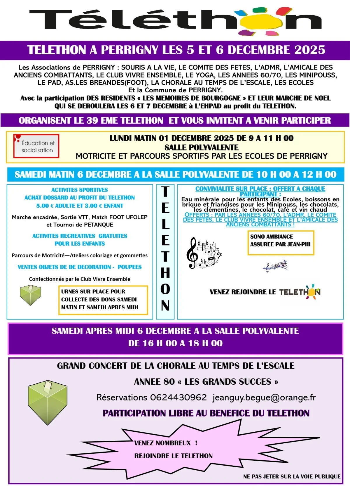 Journée Téléthon à Perrigny : animations sportives, récréatives,  diverses et variées + concert de la Chorale Au Temps de l'Escale – Perrigny (Salle polyvalente et autour) (affiche de l’événement)