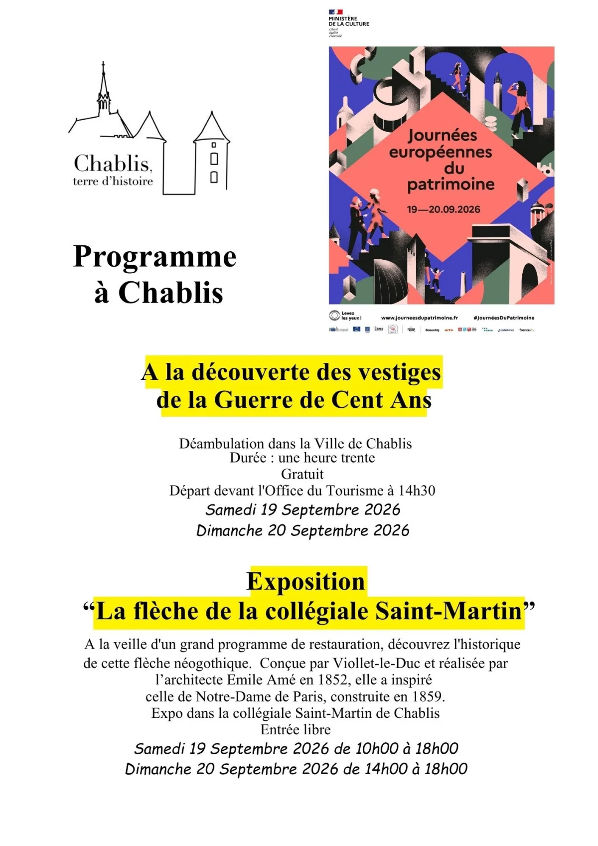 Journées Européennes du Patrimoine 2026 – Chablis (Office du Tourisme et Collégiale Saint-Martin) (affiche de l’événement)