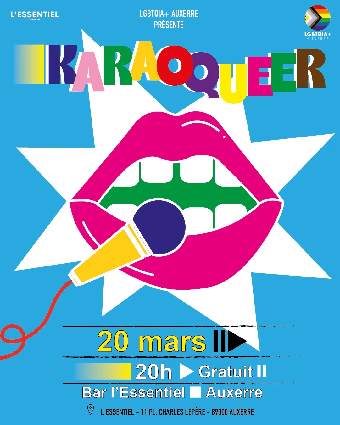Karaoqueer #1 Premier Karaoqueer (Karaoké + Queer) de l'association LGBTQIA+ Auxerre – Auxerre (Bar l'Essentiel) (affiche de l’événement)