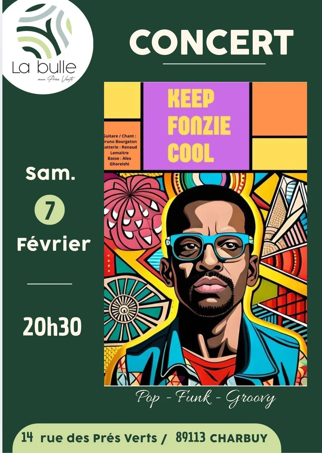 Keep Fonzie Cool, trio groovy – Charbuy (La bulle aux prés verts) (affiche de l’événement)