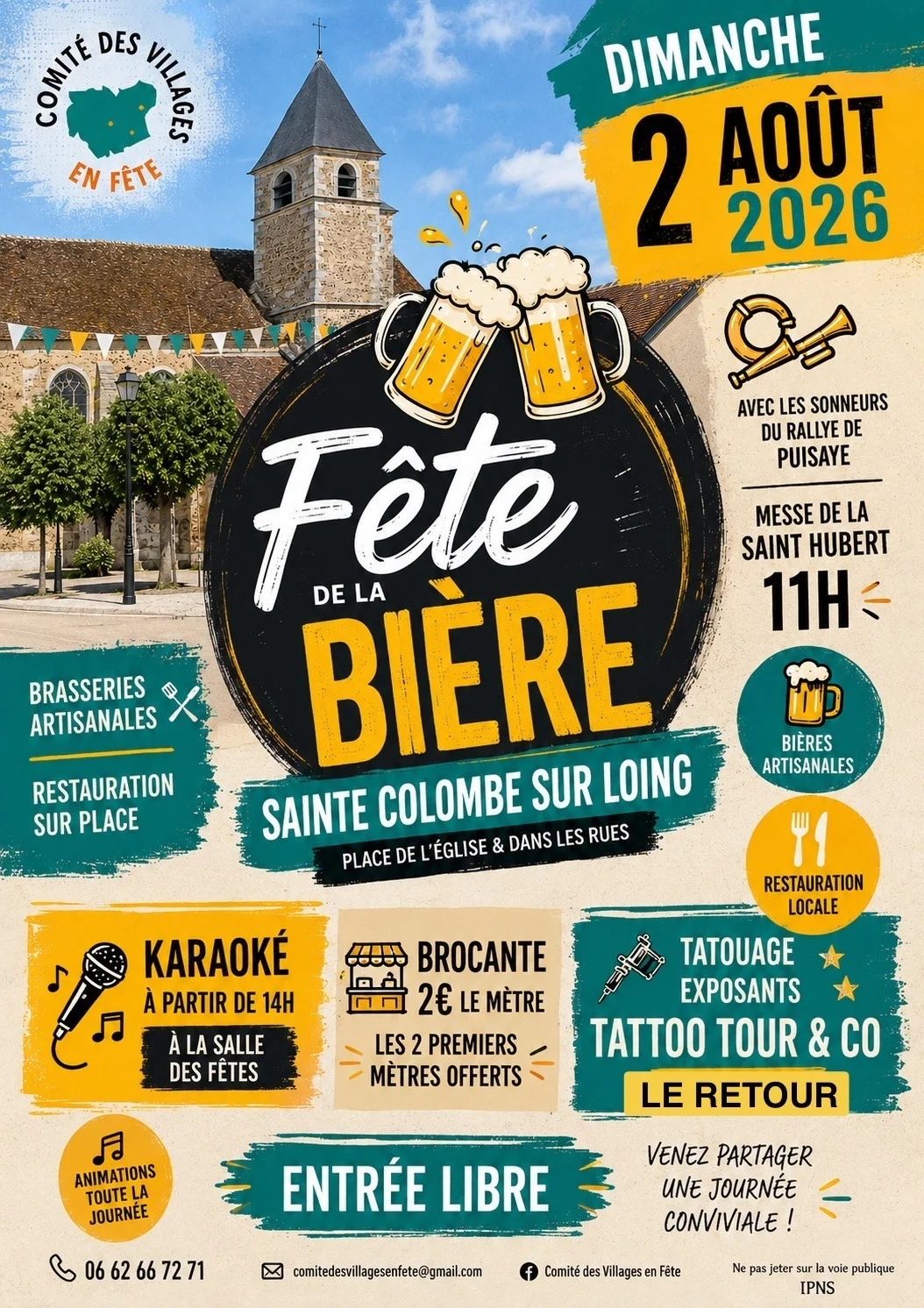 La fête à Sainte Colombe : Fête de la bière + Messe de Saint-Hubert sonnée par le Rallye de Puisaye + Brocante dans les rues + Karaoké à partir de 14h30 + Tatouages – Sainte Colombe sur Loing (Place de l'église) (affiche de l’événement)