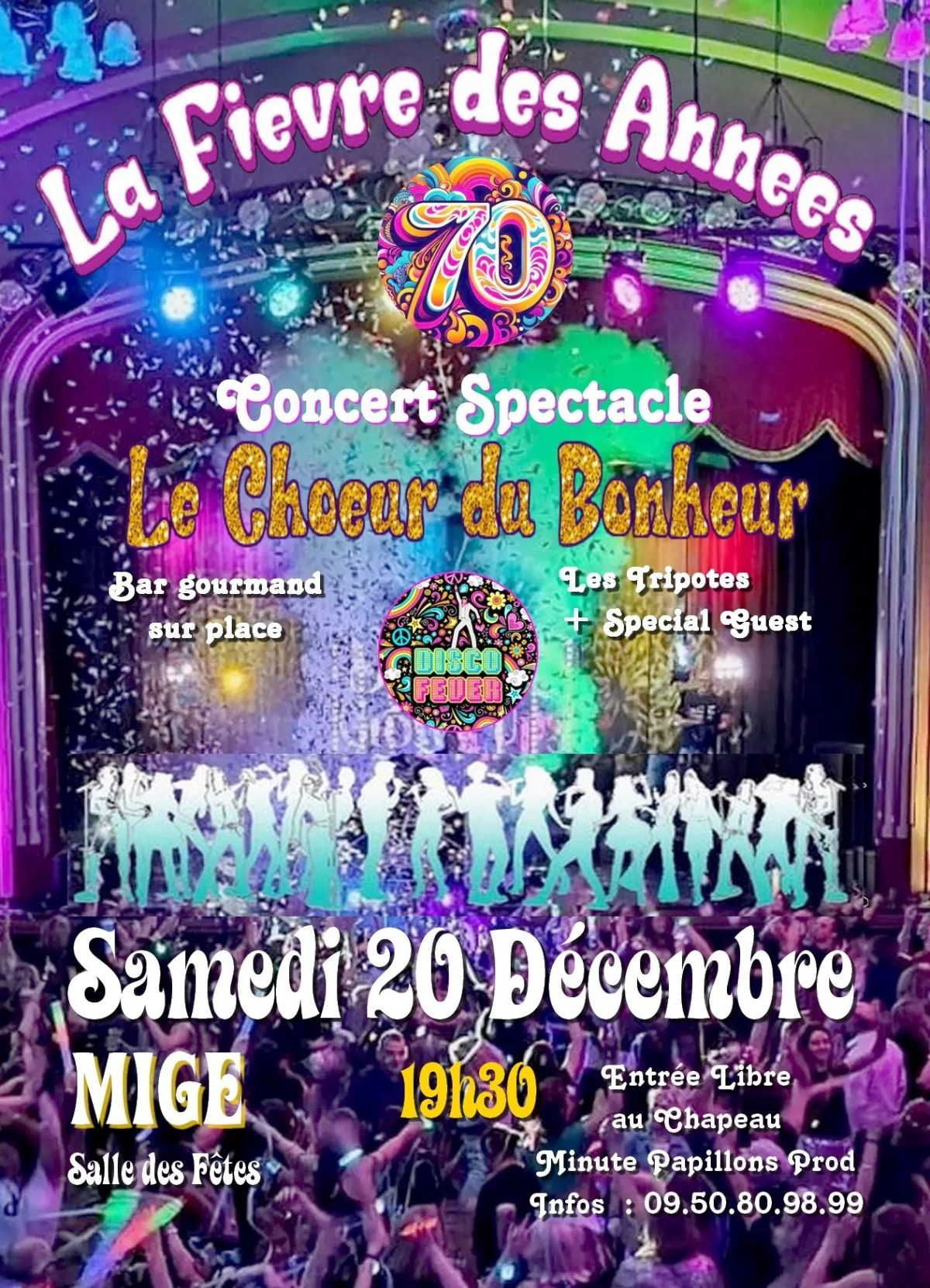 Comédie musicale "La Fièvre des Années 70" (concert-spectacle avec le Choeur du Bonheur) – Migé (Salle des Fêtes) (affiche de l’événement)