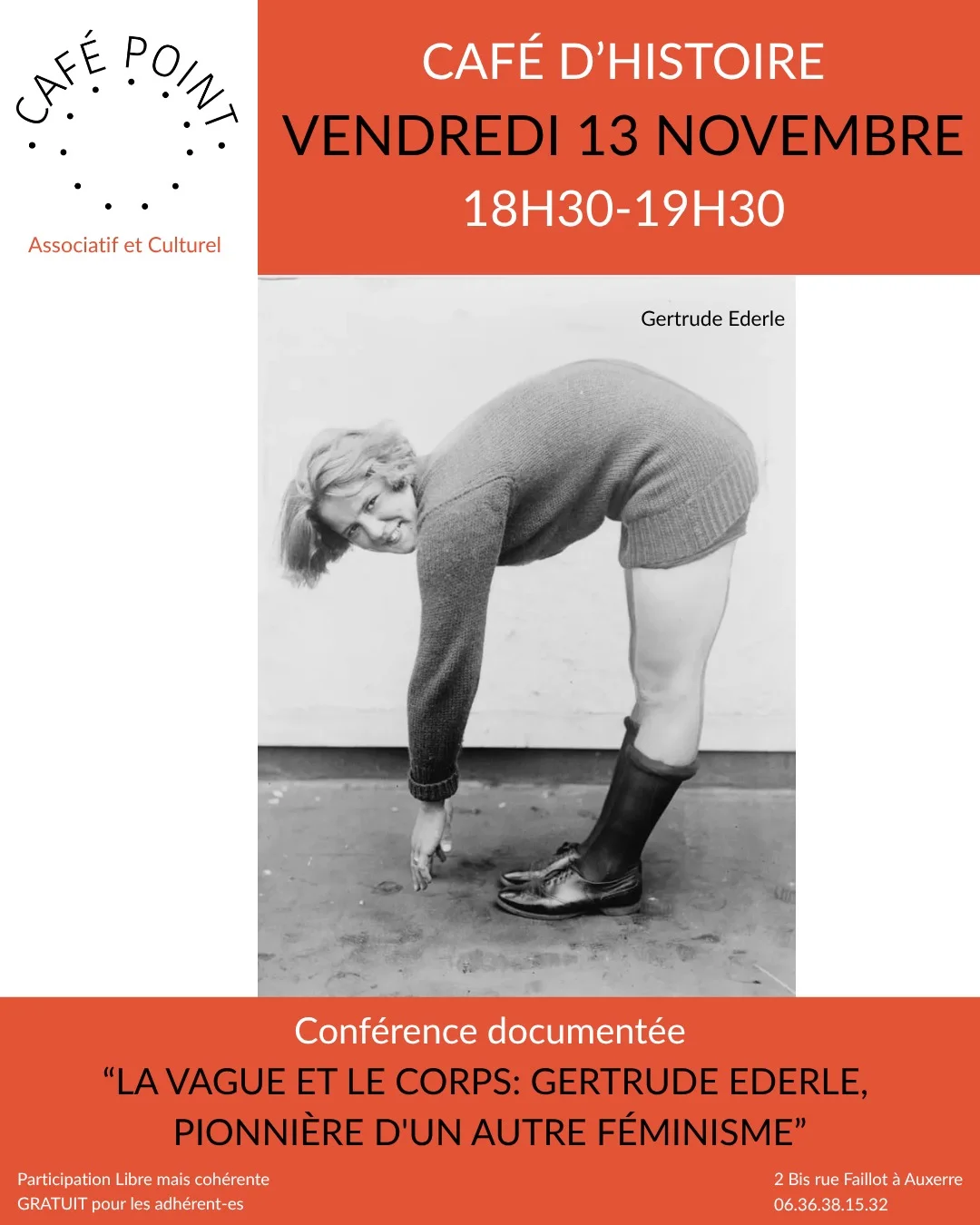 La vague et le corps: Gertrude Ederle pionnière d'un autre féminisme – Auxerre (Café Point) (affiche de l’événement)