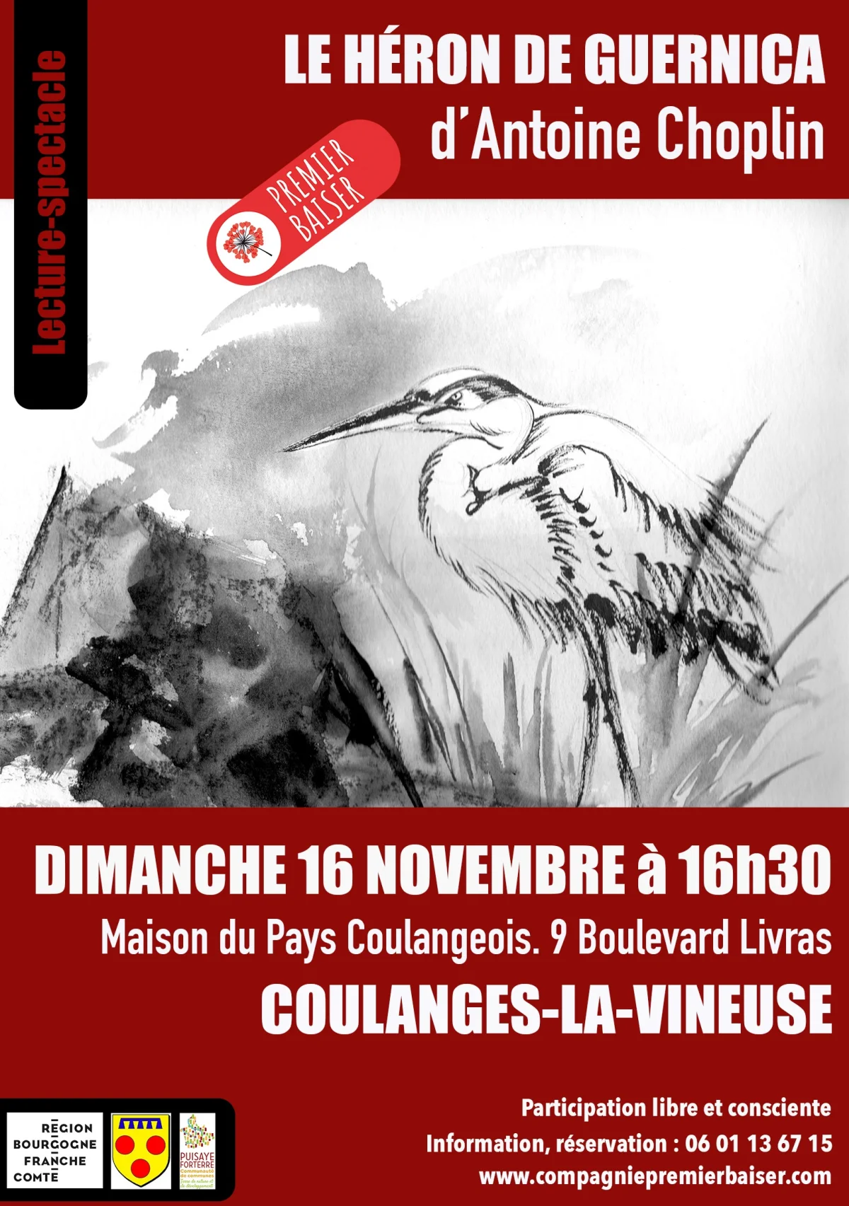 Lecture-Spectacle : "Le Héron de Guernica d'Antoine Choplin" avec la compagnie Premier Baiser – Coulanges la Vineuse (Maison du pays Coulangeois) (affiche de l’événement)