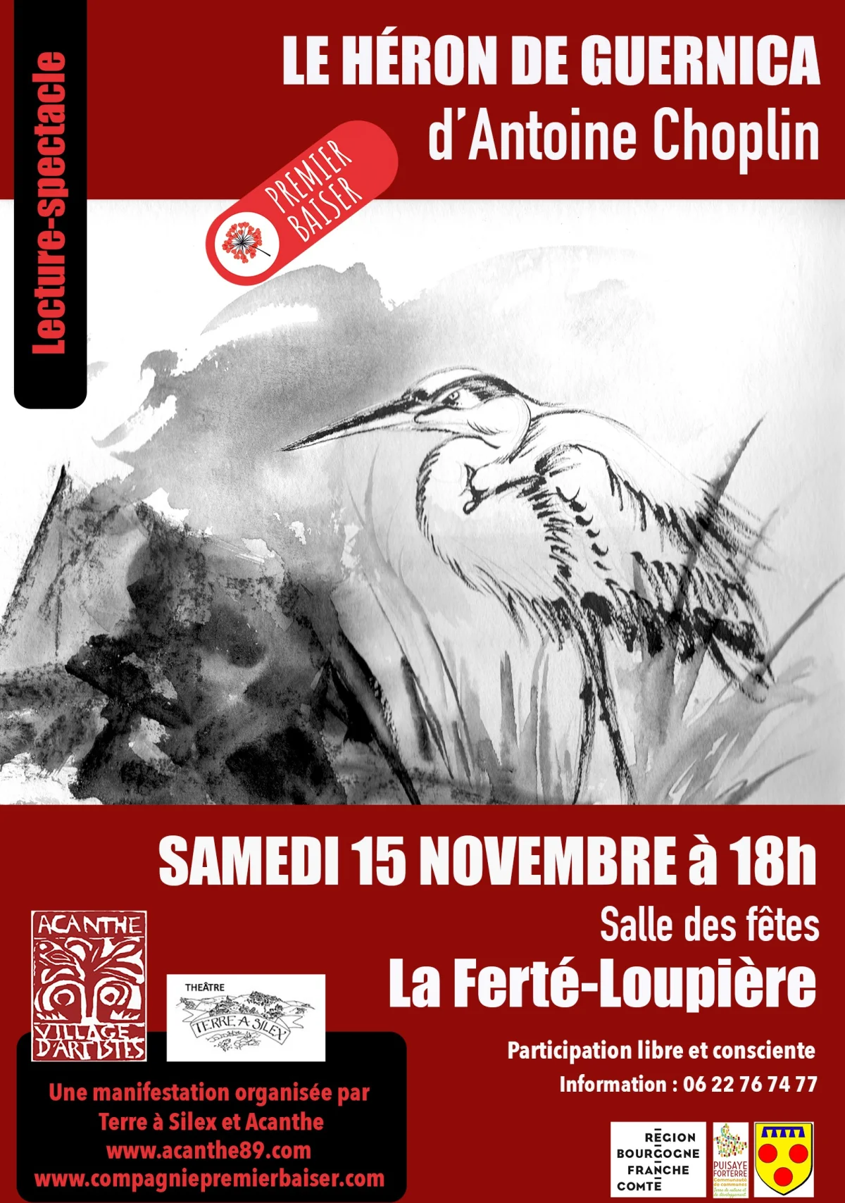 Lecture-Spectacle : "Le Héron de Guernica d'Antoine Choplin" avec la compagnie Premier Baiser – La Ferté Loupière  (Salle des Fêtes) (affiche de l’événement)
