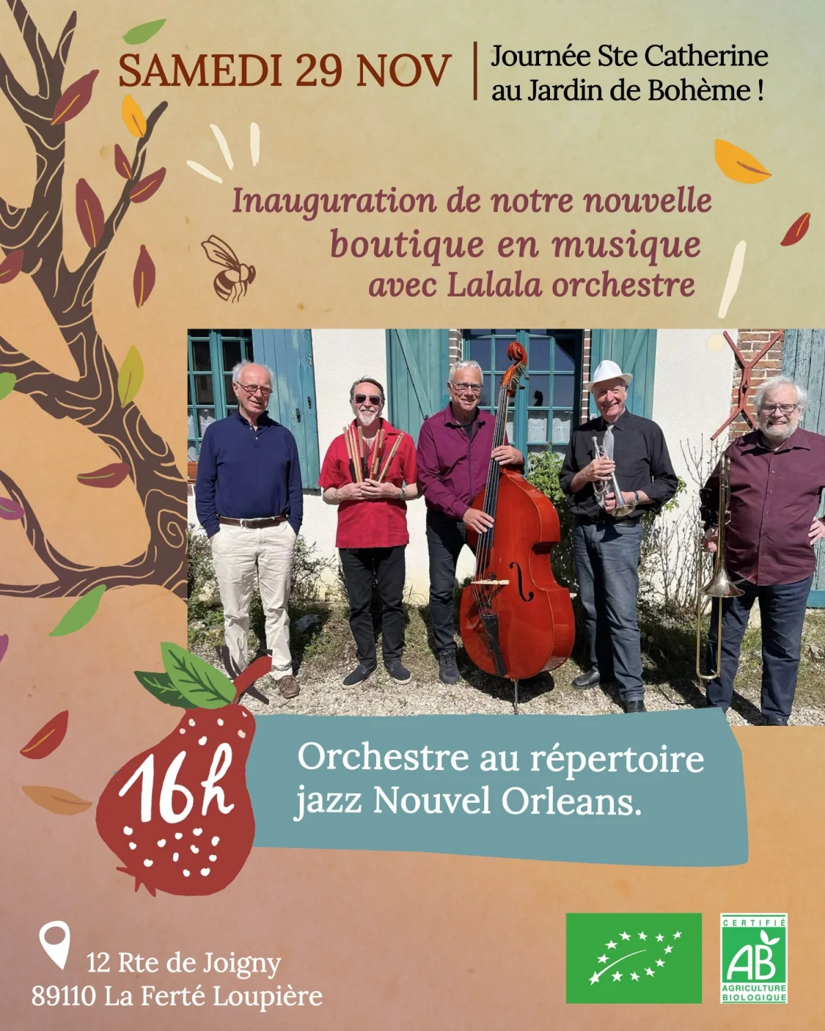 LE JARDIN DE BOHEME inaugure sa boutique en musique avec le groupe LALALA. – La Ferté Loupière  (Pépinière de La Ferté Loupière) (affiche de l’événement)